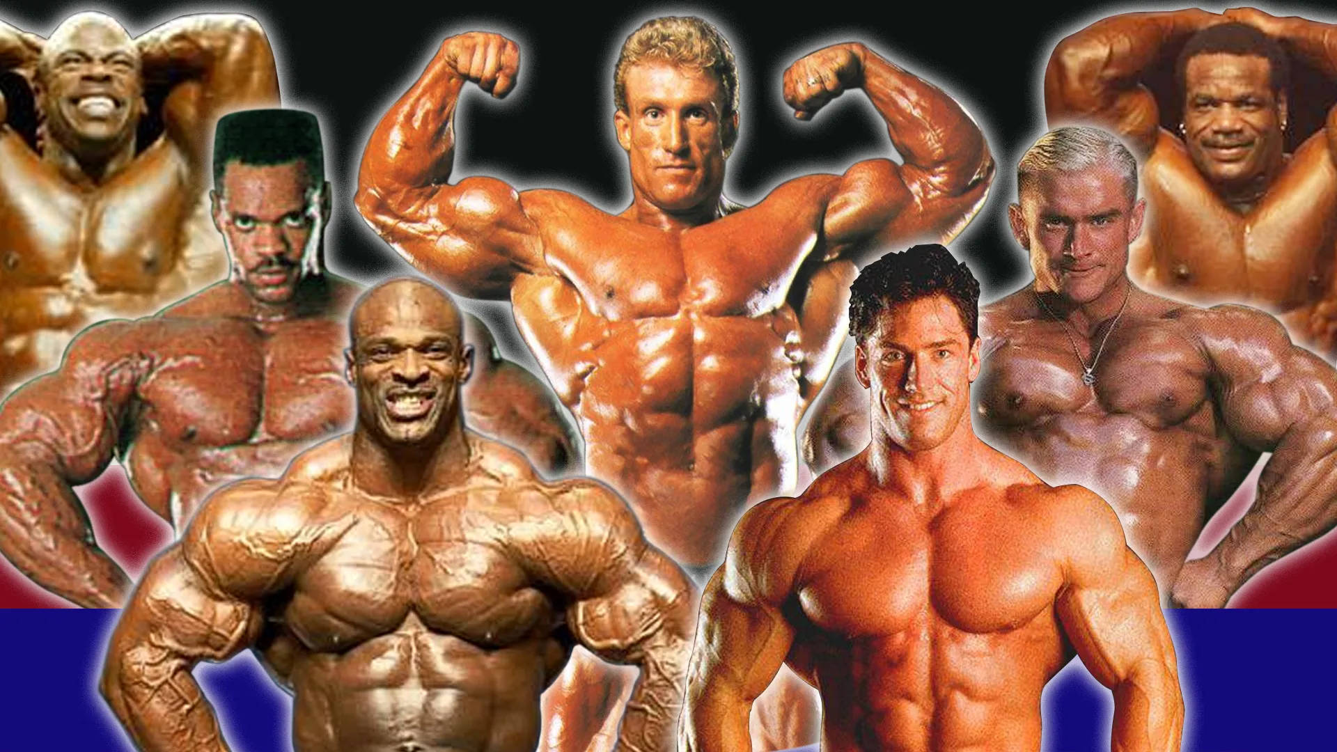 Exercise 桌布 壁紙 — 七位肌肉發達的男性健美運動員在深色背景（帶有紅色和藍色點綴）中彎曲手臂擺姿勢的拼貼畫。