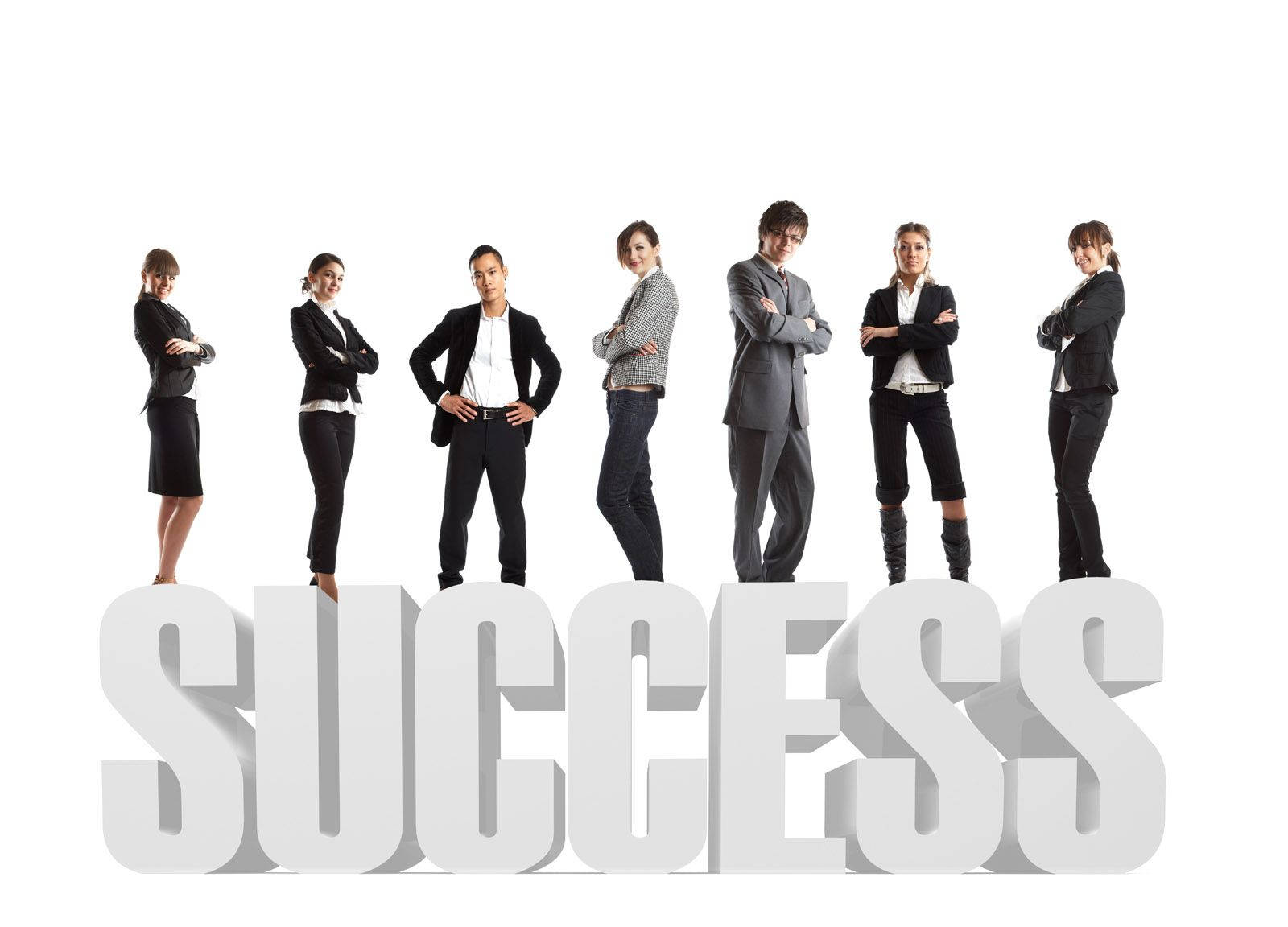 Success 桌布 壁紙 — 七位自信的商業專業人士站在大型白色3D字母上，這些字母在乾淨的白色背景上拼出success。