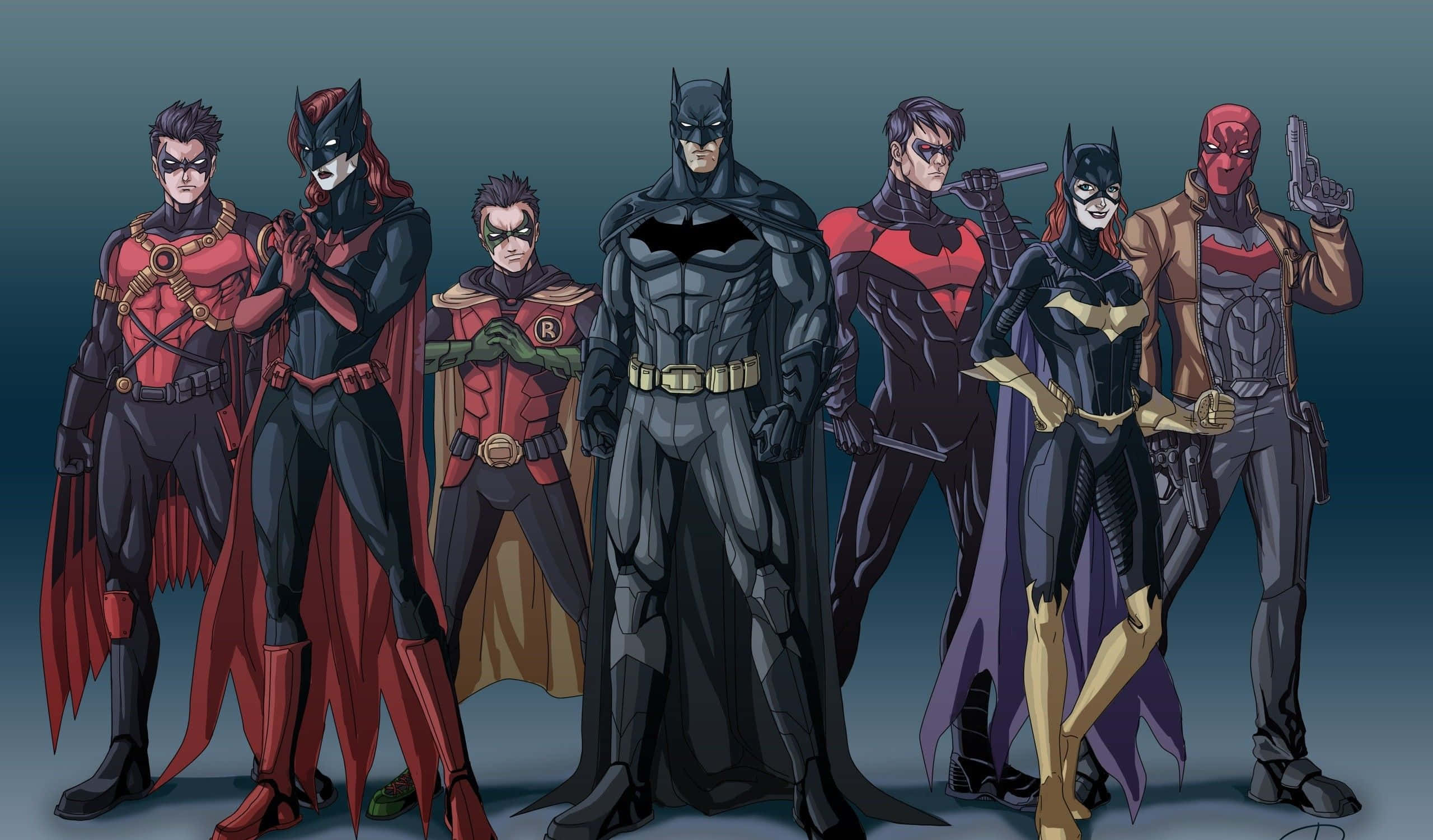 Batman Death In The Family 桌布 壁紙 — 七位蝙蝠俠家族英雄以英雄姿態排成一列，背景為深藍色漸層。