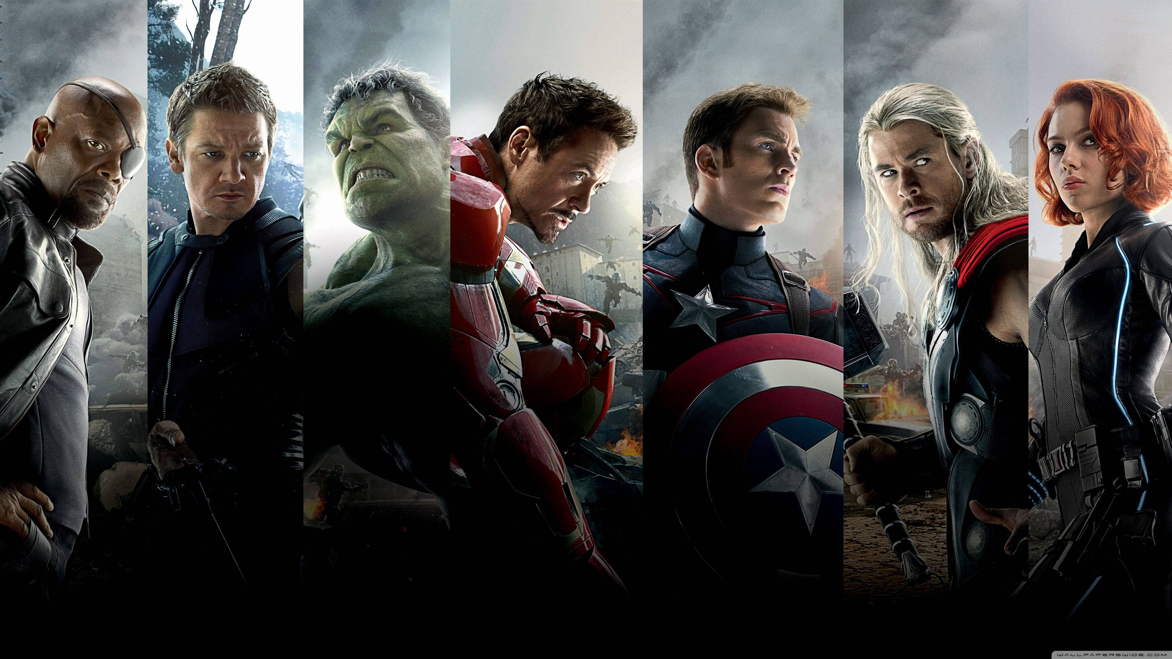 Marvel Avengers 桌布 壁紙 — 七位超級英雄以戲劇性的垂直面板站立，背景是暴風雨的戰鬥場景，表情強烈。