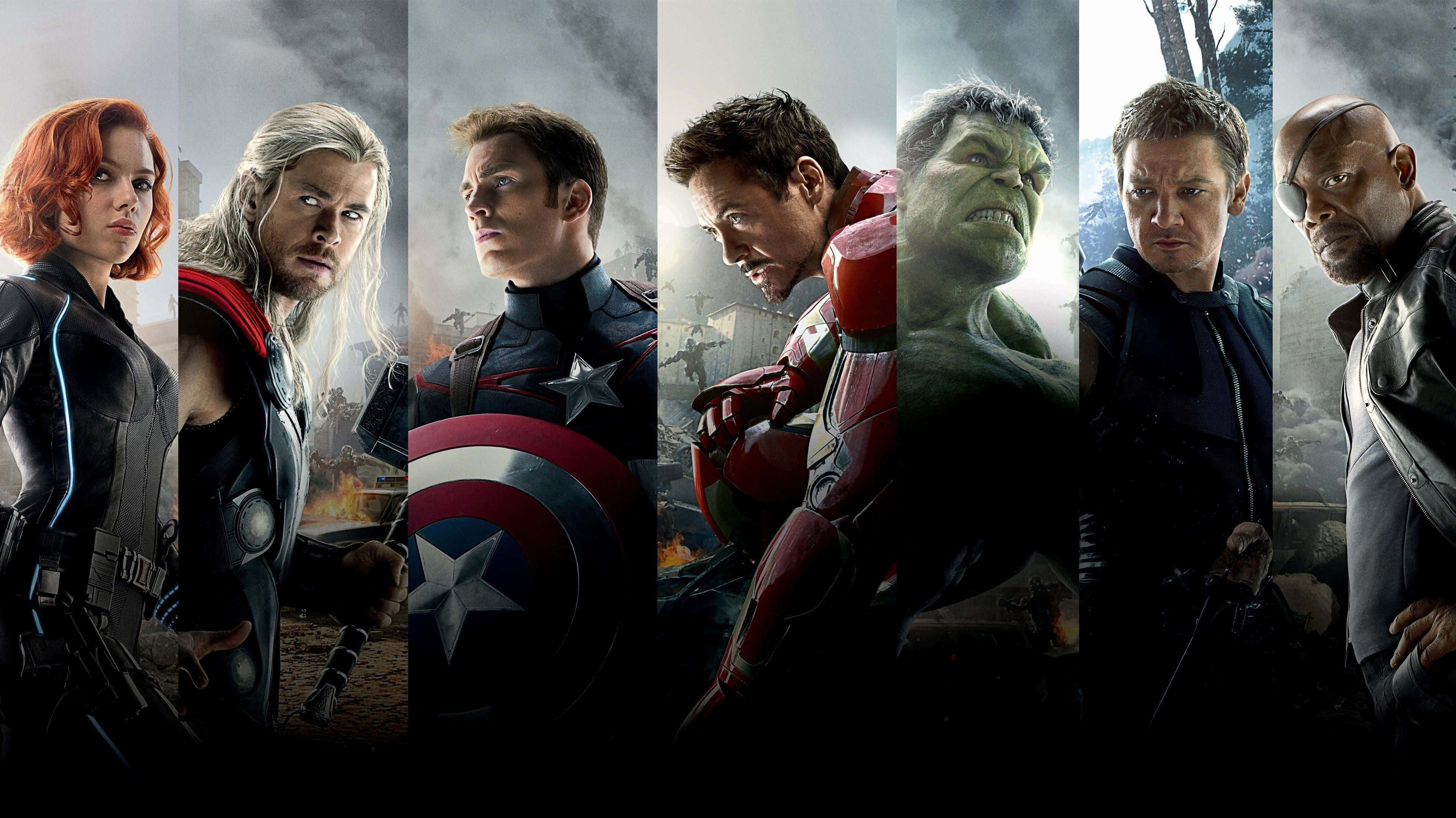 Avengers Laptop 桌布 壁紙 — 七位超級英雄站在戲劇性的垂直面板中，背景是暴風雨的戰鬥場景。
