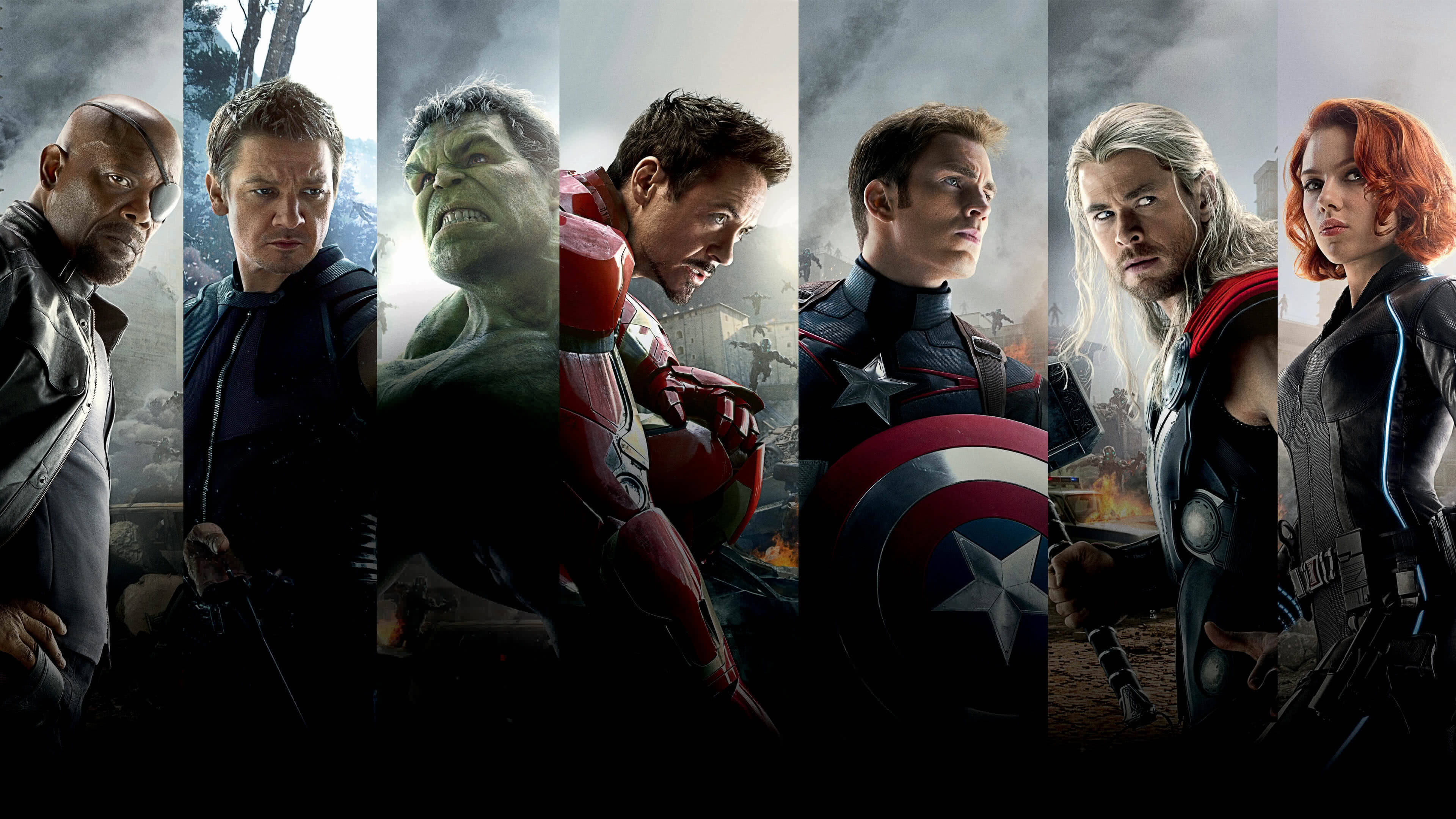 4K Marvel 壁紙 桌布 壁紙 — 七位超級英雄站在戲劇性的垂直面板中，背景是暴風雨般的戰鬥場景，每位都有強烈的表情和標誌性服裝。