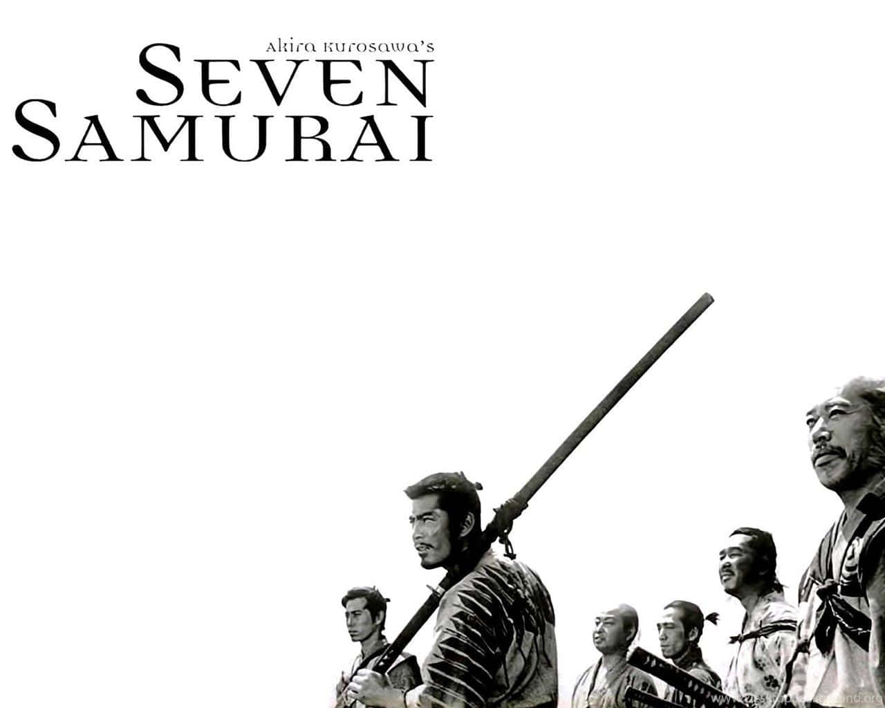 Samurai Movies 桌布 壁紙 — 七位身穿傳統長袍的武士戰士側身而立，背景為純白色，刀劍與長矛蓄勢待發，散發出莊嚴的決心。