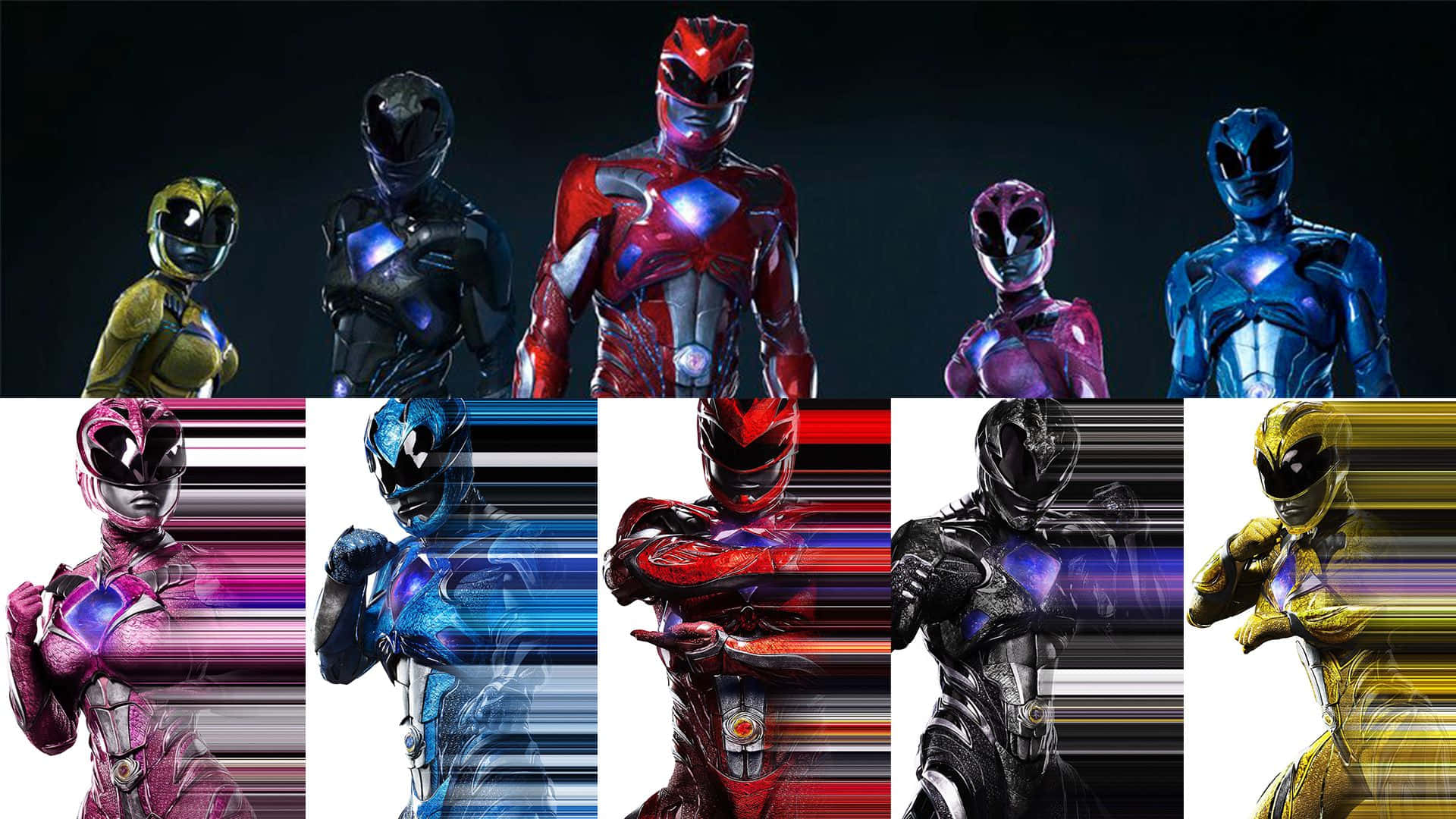 金剛戰士 桌布 壁紙 — 七位身穿全副盔甲的Power Rangers英雄地站在深色和淺色條紋背景前。