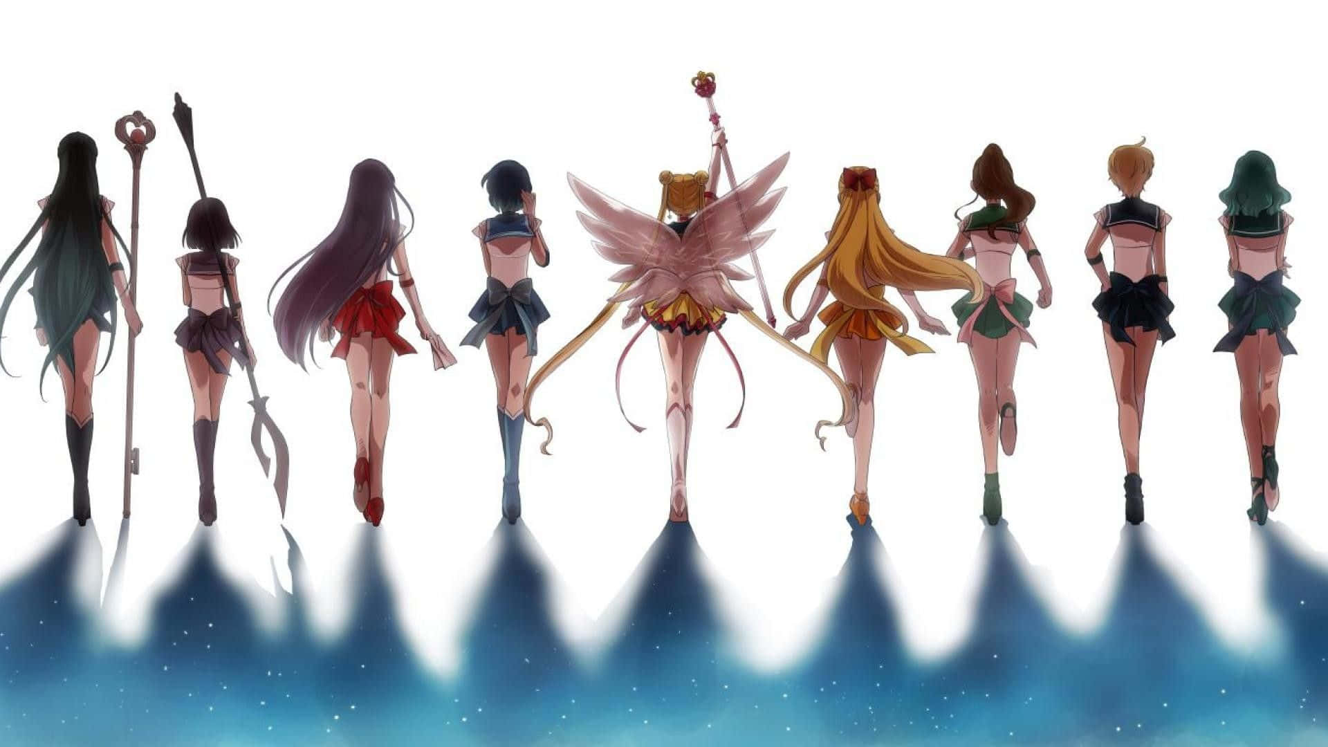 Aesthetic Sailor Moon 桌布 壁紙 — 七位身穿彩色水手服的動畫女主角在明亮的白色背景前排成一排走開，腳下投射出藍色星形陰影。
