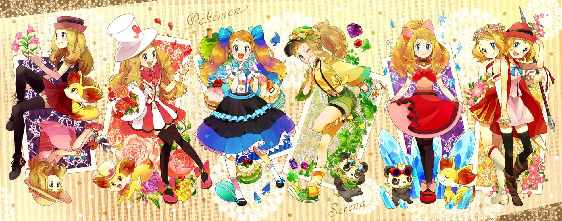 Real Pokemon X Y 桌布 壁紙 — 七位身穿彩色連衣裙的動漫女孩在條紋背景前與寶可夢和花朵合影。