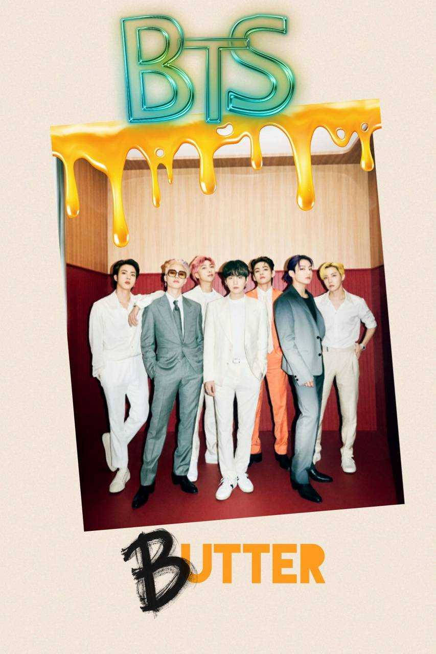BTS 2021 桌布 壁紙 — 七位身穿時尚西裝的男士站在一個滴落的奶油標誌下方，上方有「BTS」，下方有「BUTTER」。