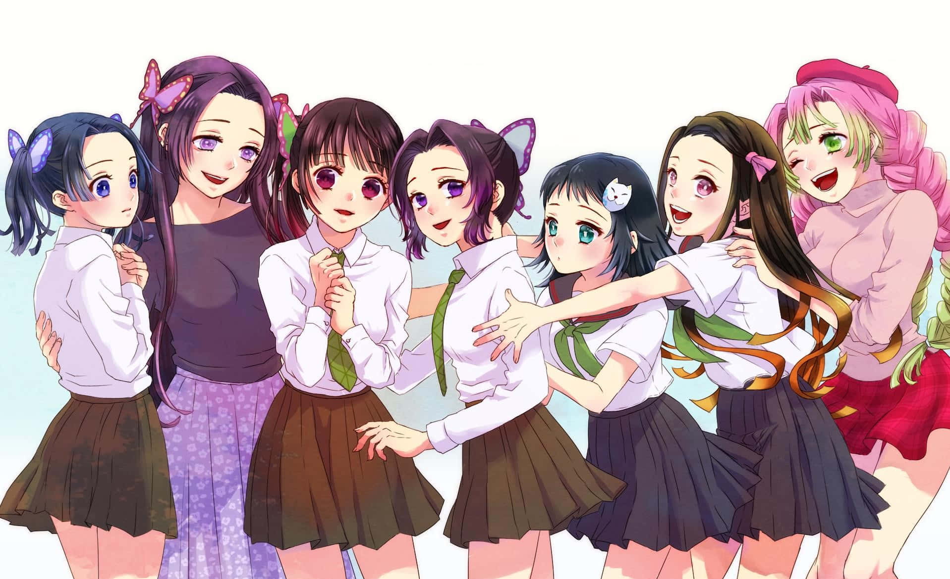 girls 桌布 壁紙 — 七位身穿校服的動畫女孩在柔和的漸變背景前愉快地擺姿勢，擁有鮮豔的髮色和富有表現力的眼睛。