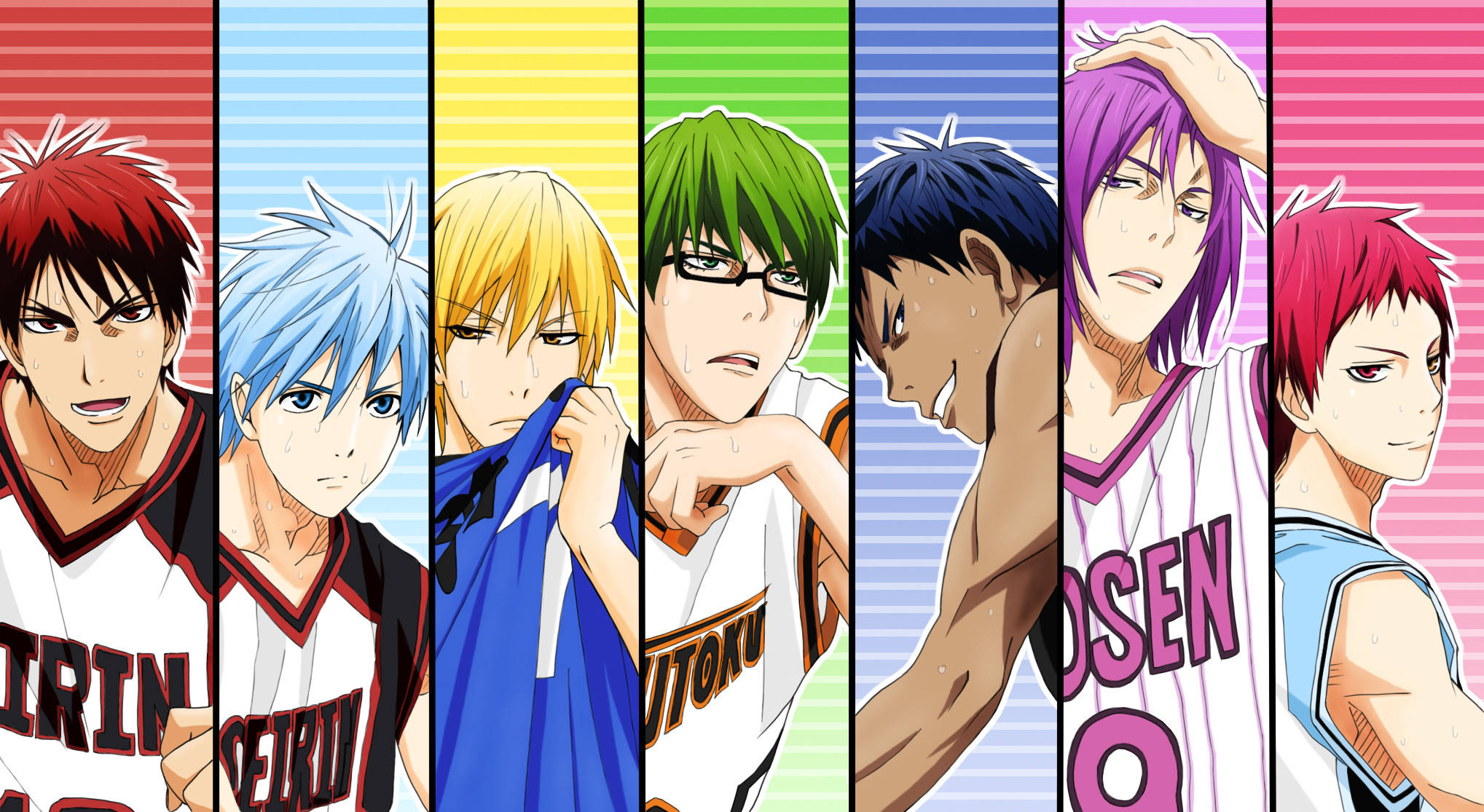 Kuroko 桌布 壁紙 — 七位身穿球隊球衣的動漫籃球運動員，以堅定的表情站在色彩鮮豔的條紋背景前。