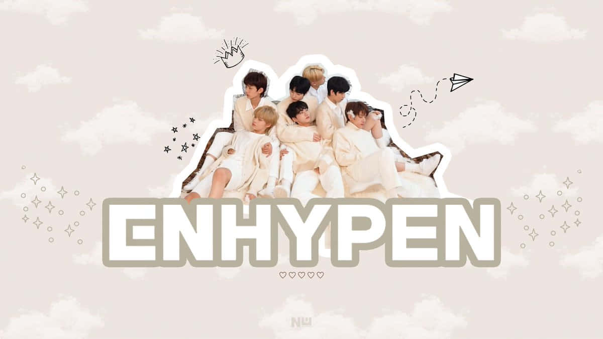 ENHYPEN 桌布 壁紙 — 七位身穿白色服裝的ENHYPEN成員坐在雲朵上，周圍有星星和紙飛機，背景是柔和粉彩的天空。