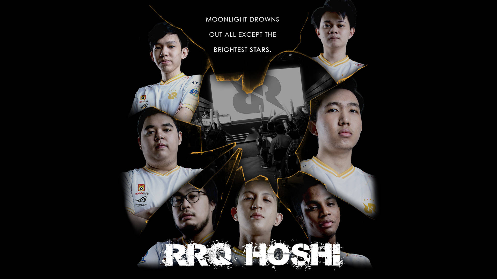 Team 桌布 壁紙 — 七位身穿白色球衣的電競選手，被金色裂紋框住，背景為黑色，帶有發光文字。