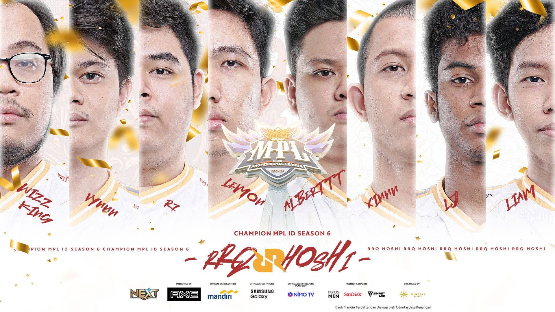 Team 桌布 壁紙 — 七位身穿白色球衣的電競選手，金色紙屑飄浮在他們臉龐周圍，慶祝MPL ID第6賽季冠軍。