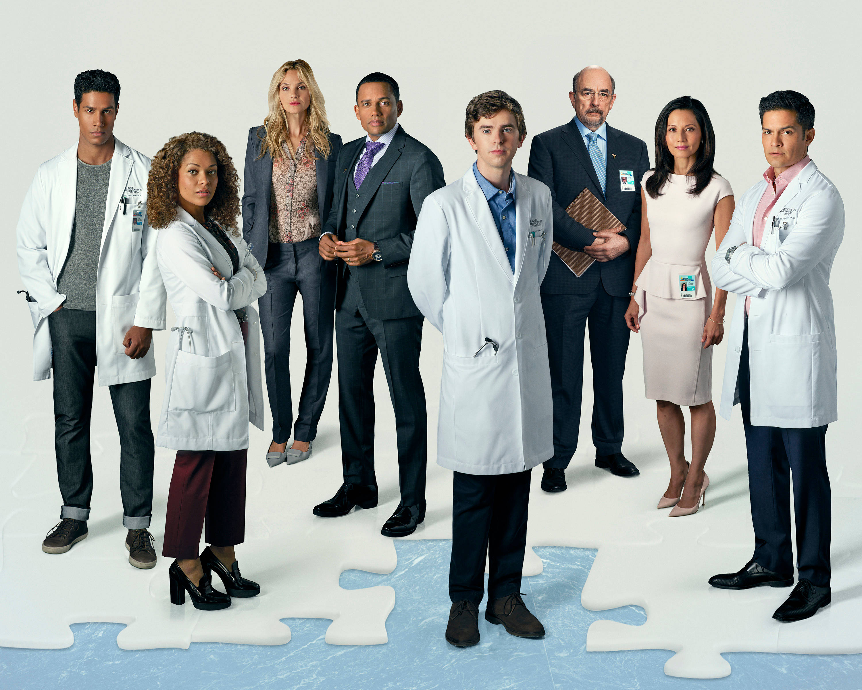 The Good Doctor 桌布 壁紙 — 七位身穿白袍和商務服裝的醫療專業人員自信地站在拼圖地板上的白色背景前。