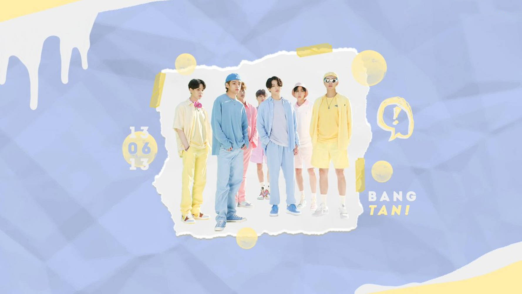 bts 2021 desktop 桌布 壁紙 — 七位身穿粉彩服裝的年輕男子站在撕紙剪紙上，背景為帶有黃色點綴的藍色幾何圖案。
