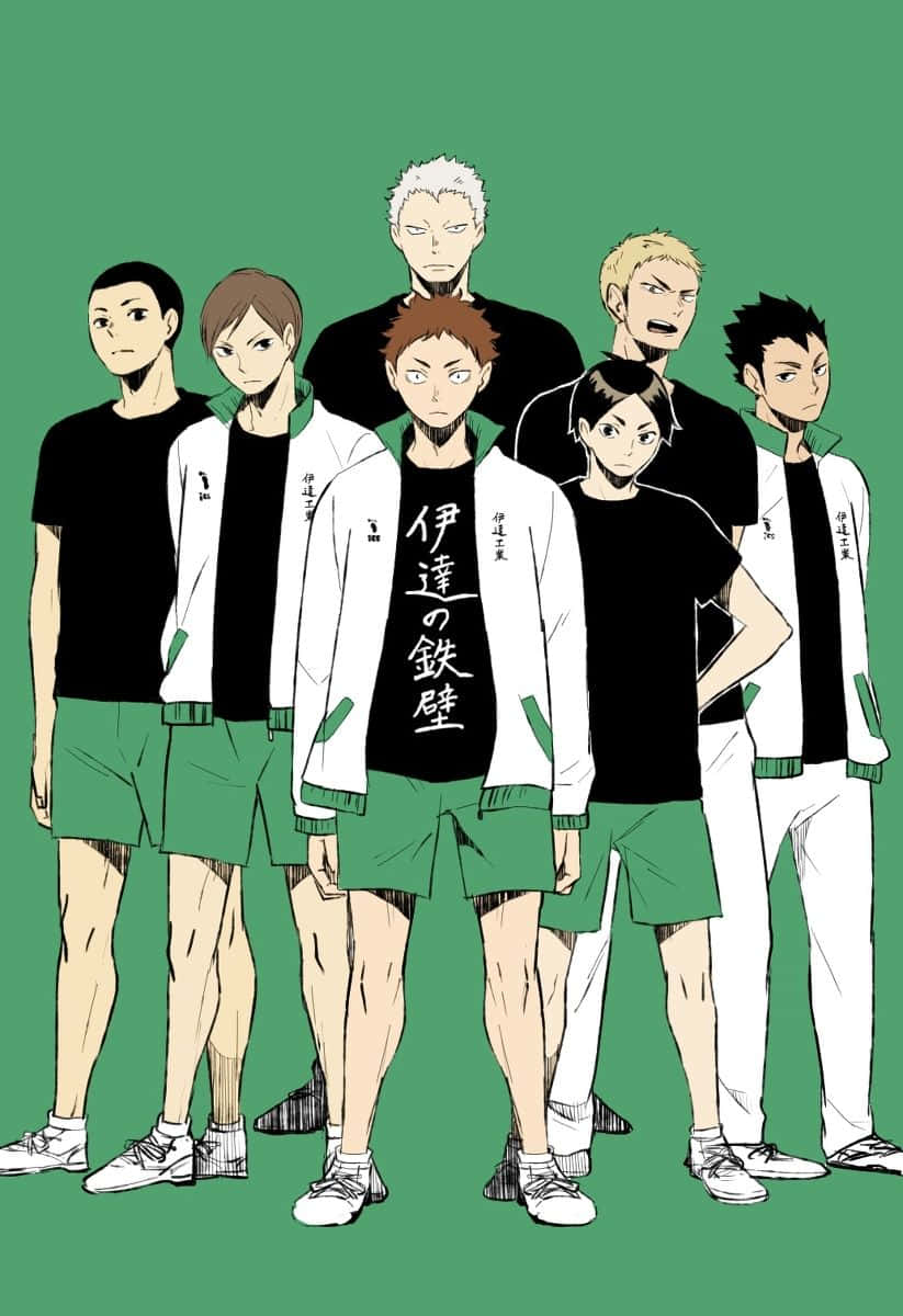 Date Tech High 桌布 壁紙 — 七位身穿綠色和白色制服的動漫排球選手自信地站在純綠色背景前。