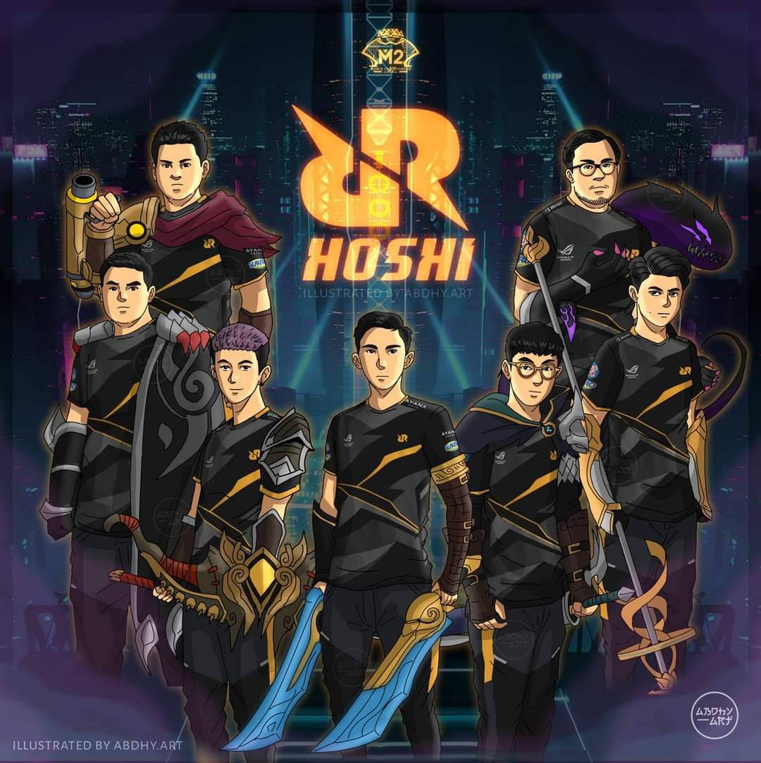 Team 桌布 壁紙 — 七位身穿黑色和金色裝備的插畫電競選手自信地站在發光的霓虹城市景觀背景前。