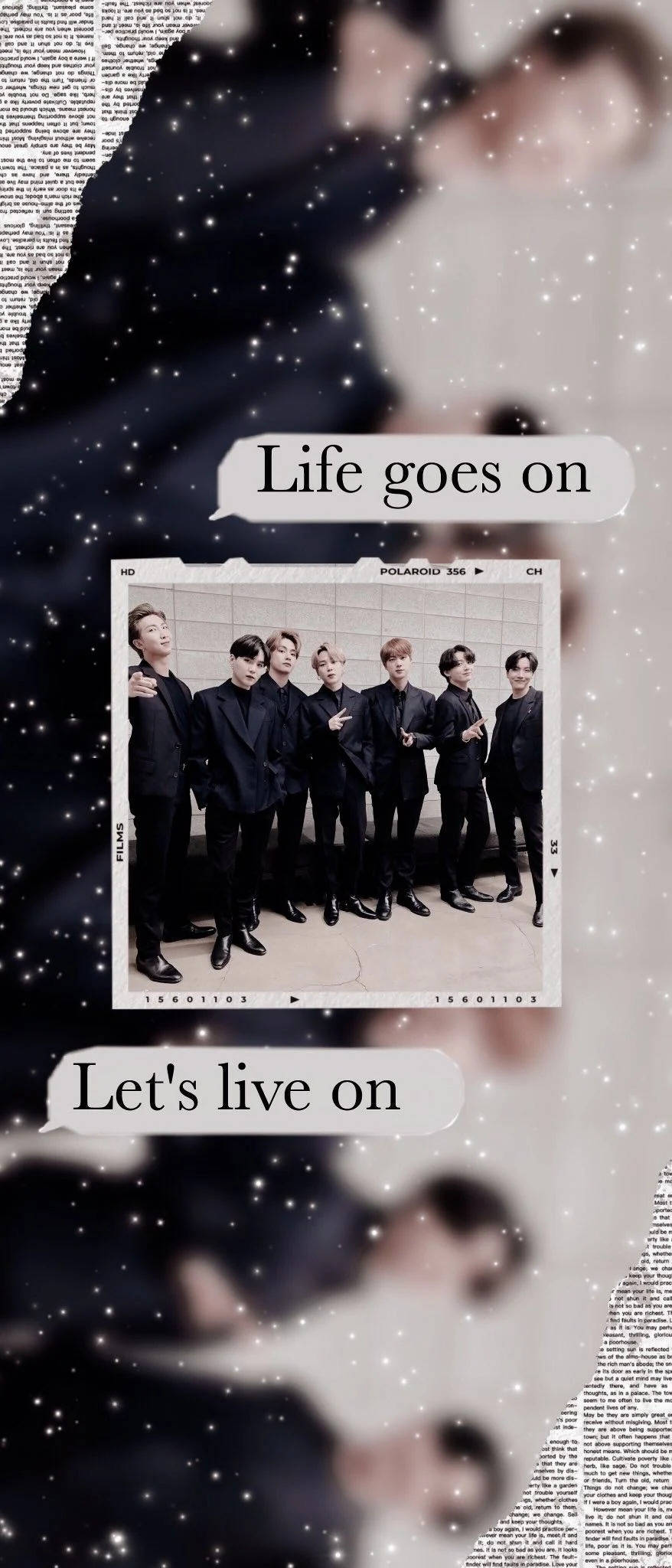 BTS 桌布 壁紙 — 七位身穿黑色西裝的男士的合照，疊加在星空背景上，並有文字氣泡寫著「Life goes on」和「Let's live on」。