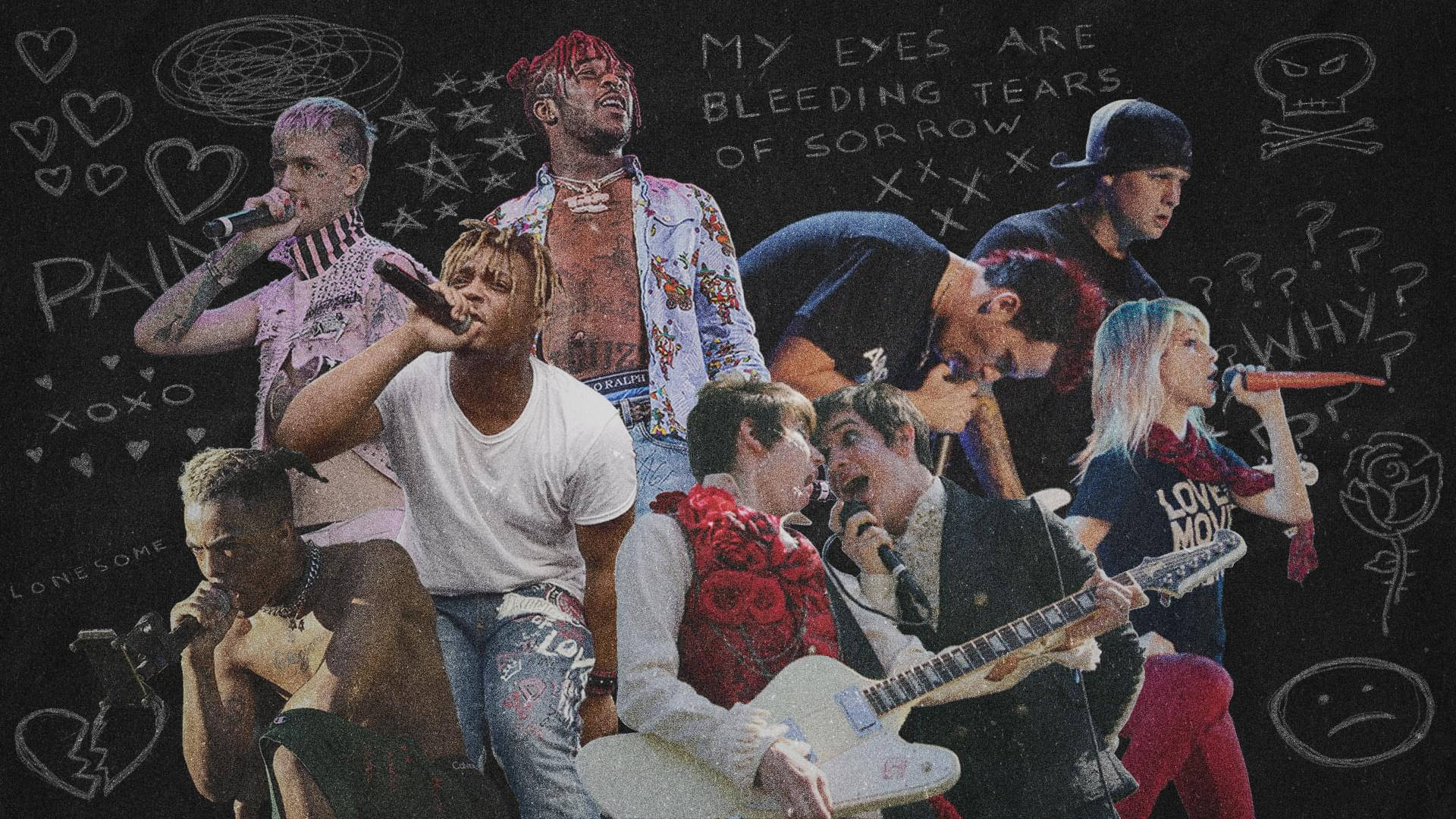 高清 桌布 壁紙 — 七位音樂家在充滿情感塗鴉和歌詞的深色黑板背景前，用麥克風和吉他表演的拼貼畫。