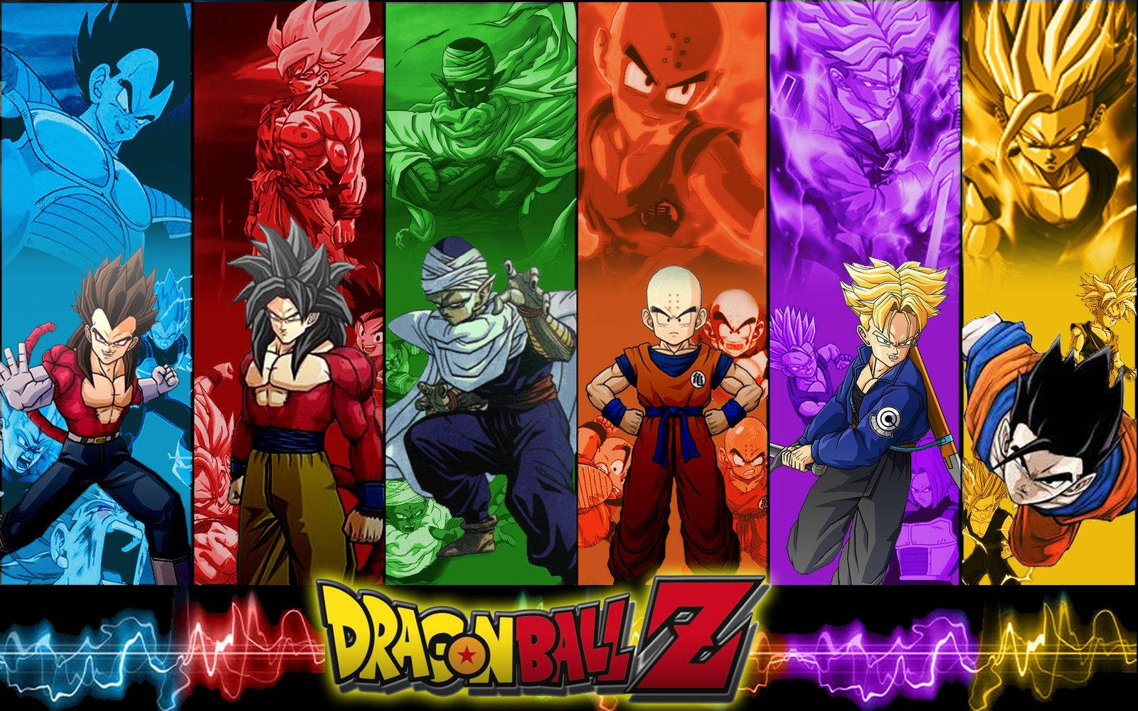 Warrior 桌布 壁紙 — 七位龍珠Z戰士站在色彩鮮豔的垂直面板中，每個都散發著力量，下方是標誌性標誌。