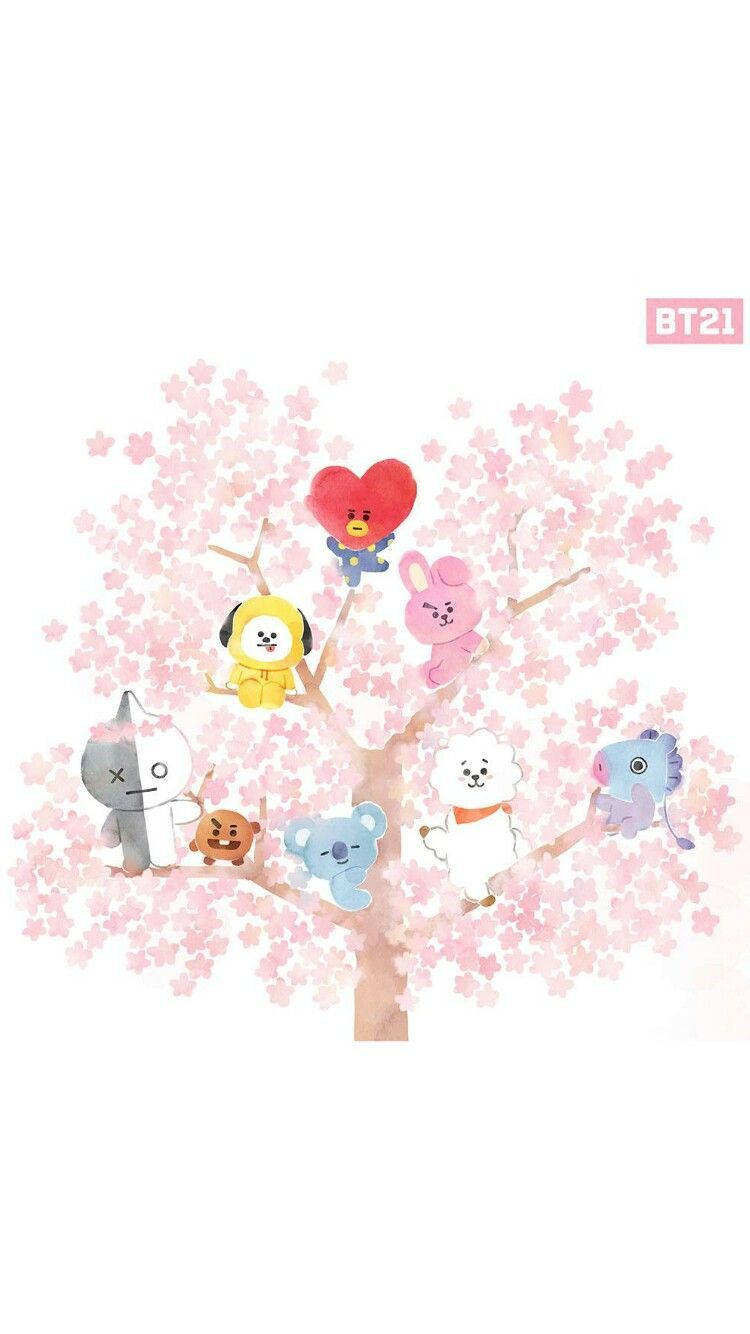 七個 BT21 角色坐在櫻花樹枝上。 — BT21 GIF 壁紙