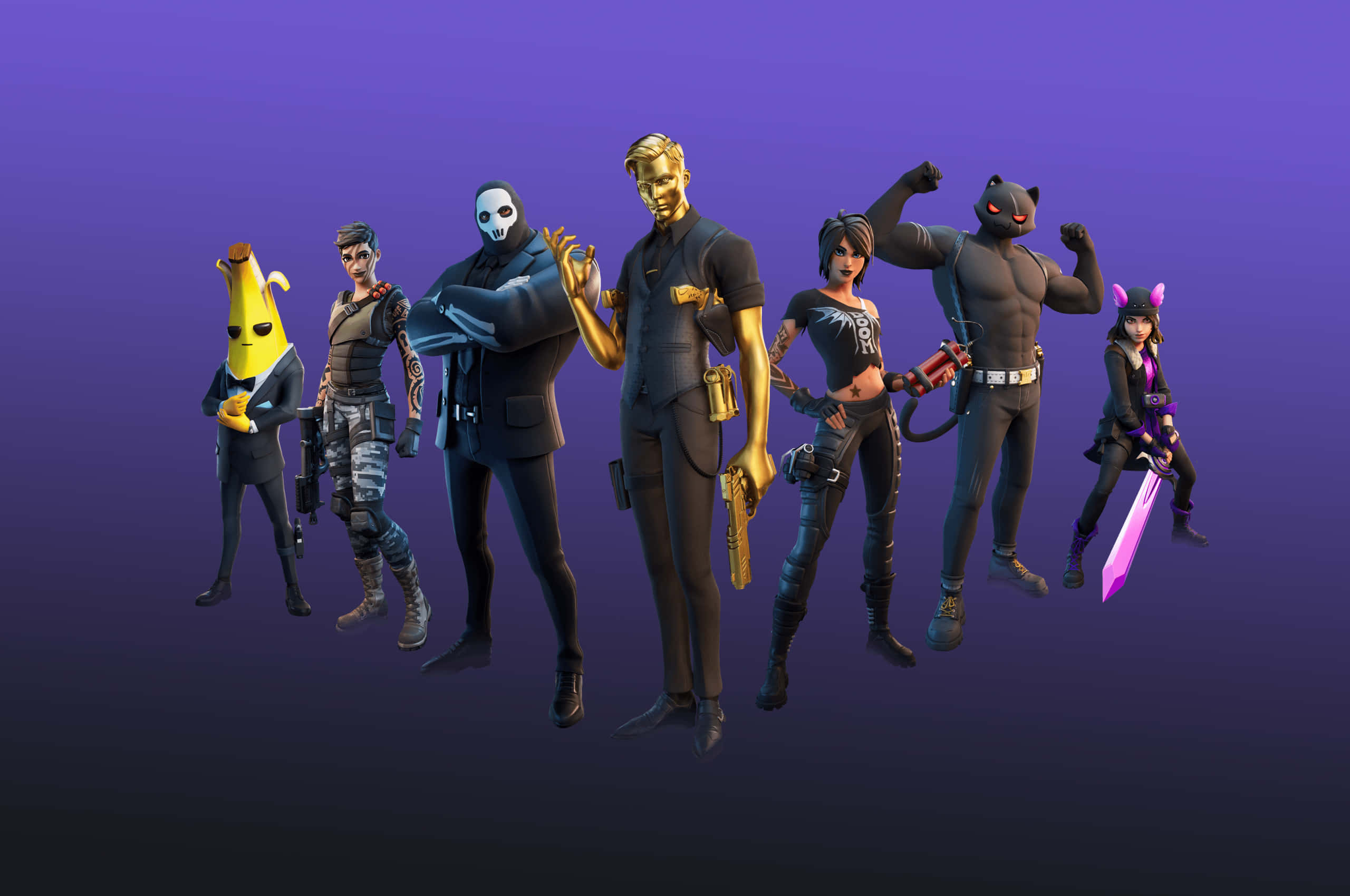 Fortnite Battle Royale 桌布 壁紙 — 七個 Fortnite 角色穿著時尚服裝，在紫色漸變背景前自信地擺姿勢。