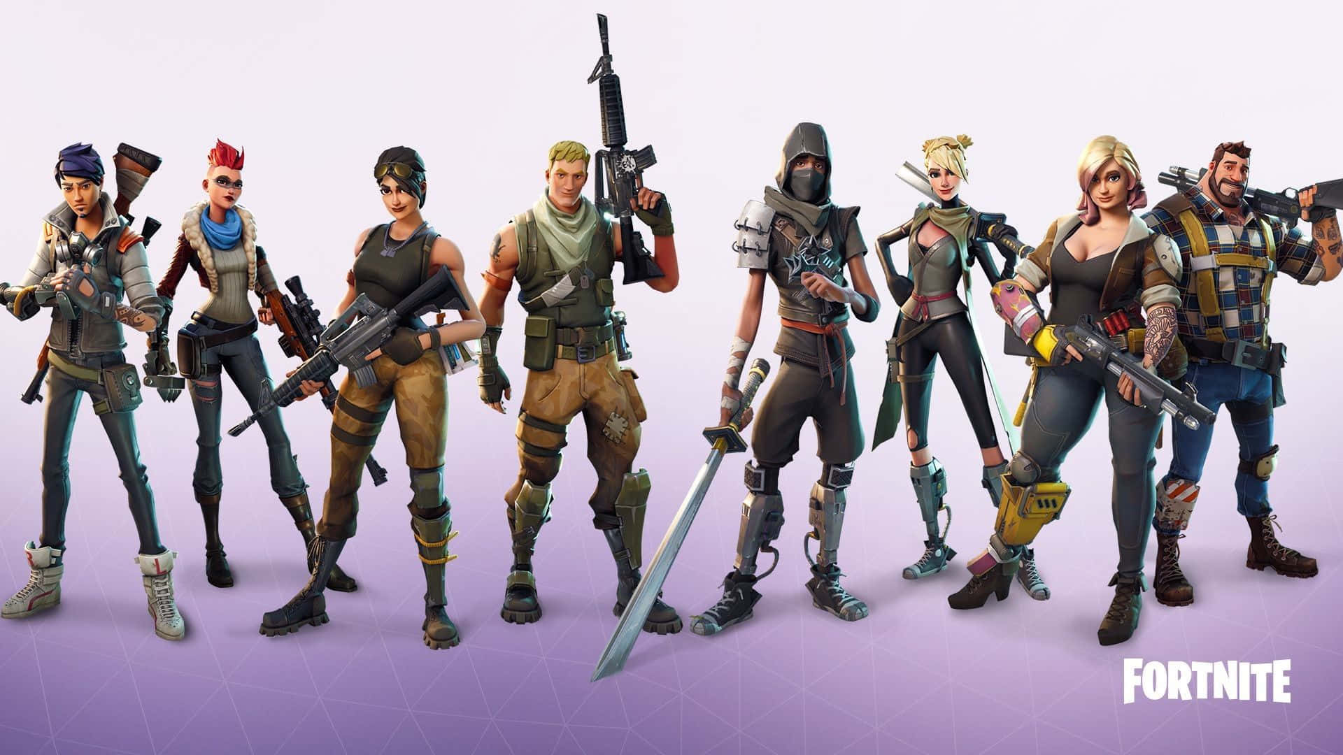 Aerial Assault Trooper 桌布 壁紙 — 七個《Fortnite》角色身穿戰鬥裝備，手持武器，排成一排，背景為紫色漸層。