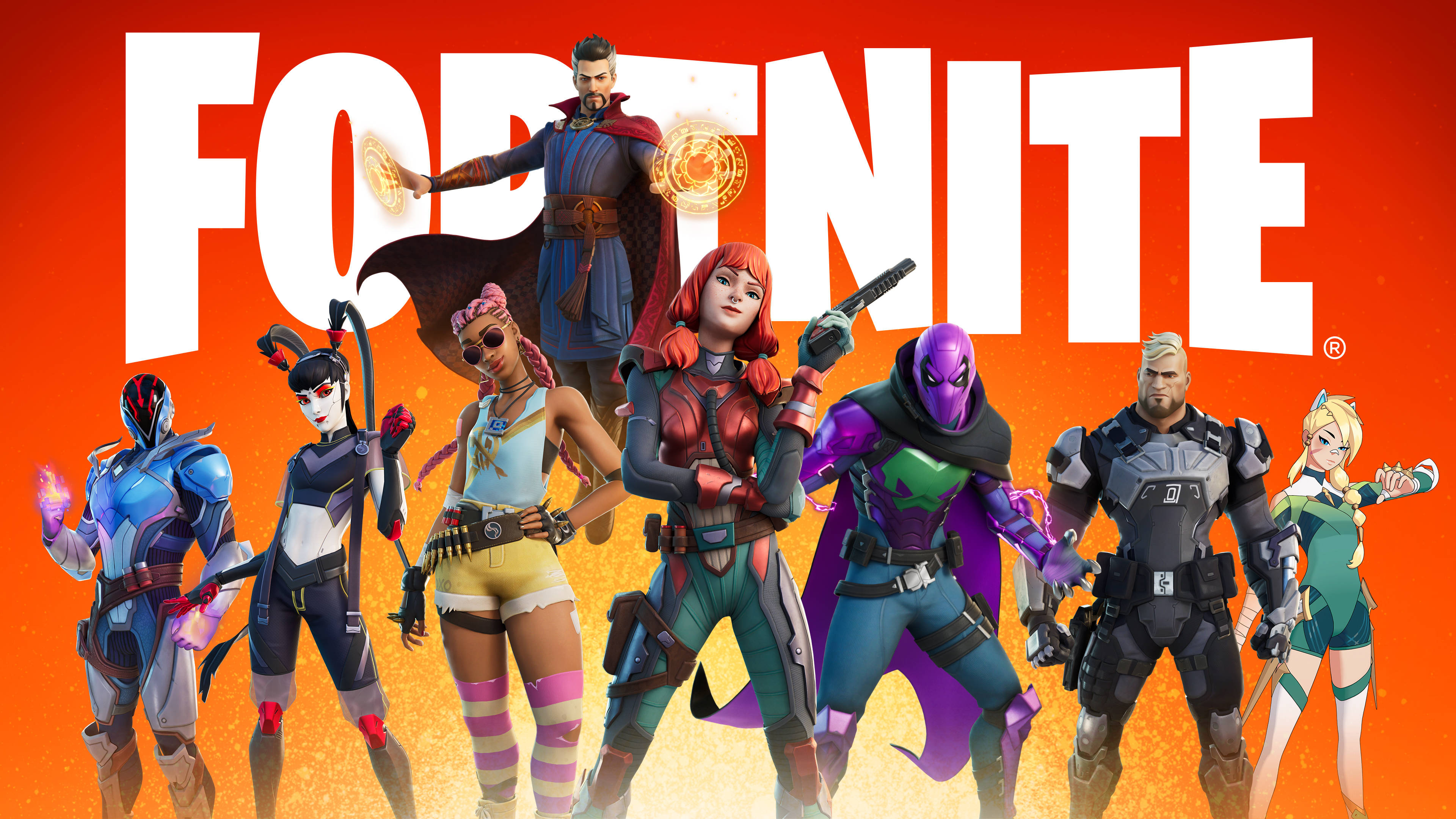 Fortnite iPad 桌布 壁紙 — 七個《Fortnite》角色身穿色彩繽紛的服裝，在火橙色背景前自信地擺姿勢，並帶有遊戲標誌。