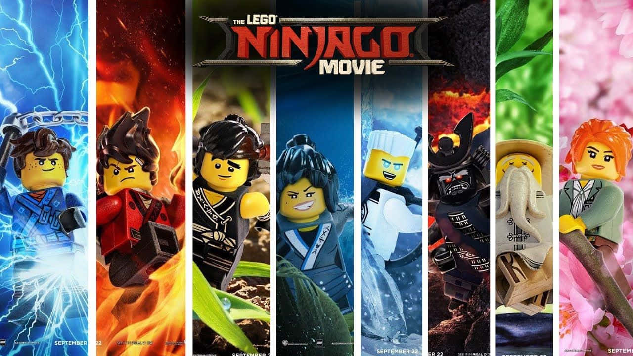 Animated 桌布 壁紙 — 七個 LEGO 旋風忍者角色在鮮豔的垂直面板中各自揮舞元素力量。