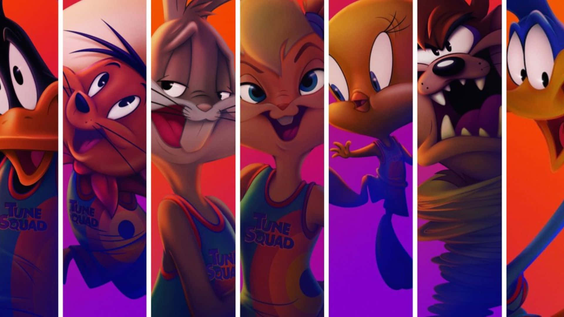 Space Jam A New Legacy 桌布 壁紙 — 七個 Looney Tunes 角色穿著充滿活力的復古籃球球衣，在鮮明的漸變背景前動態擺姿勢。