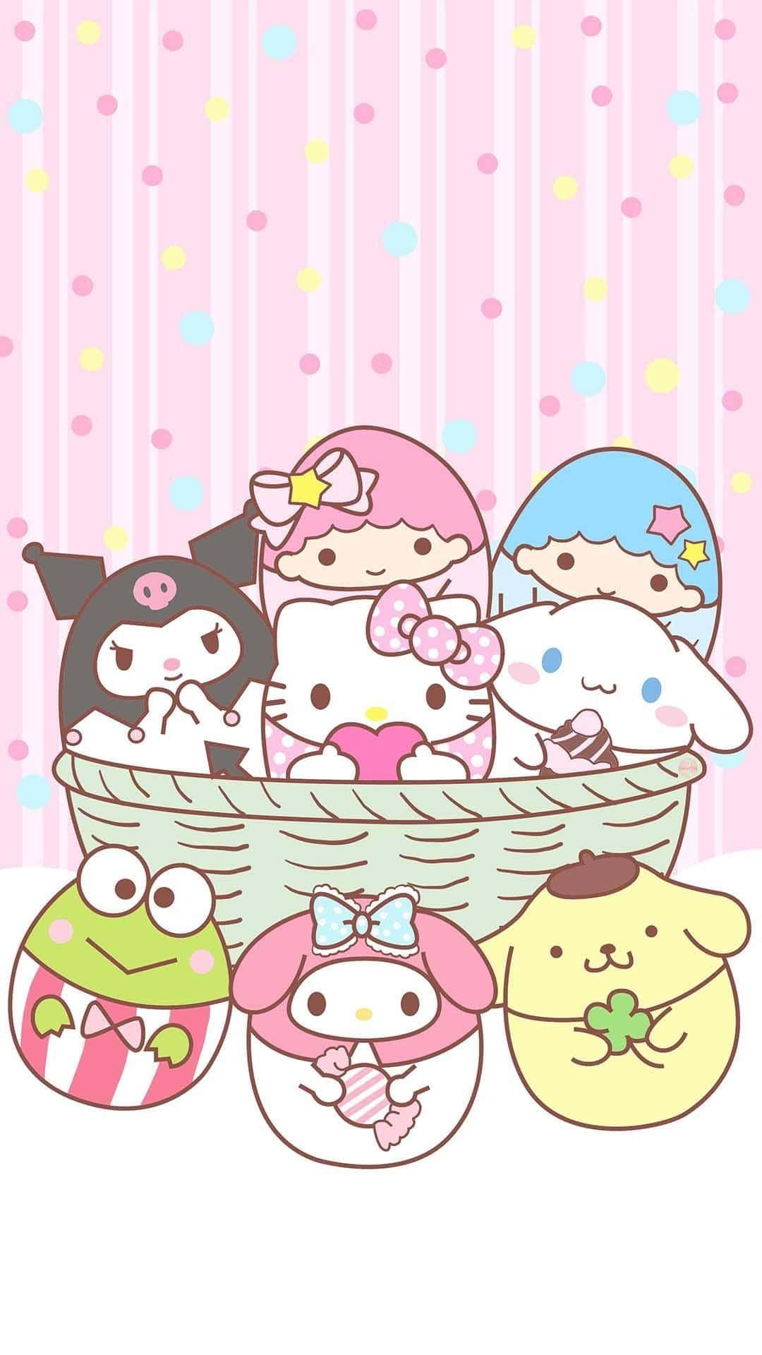 可愛 桌布 壁紙 — 七個 Sanrio 角色坐在籃子裡和周圍，背景是粉紅色條紋和圓點圖案。
