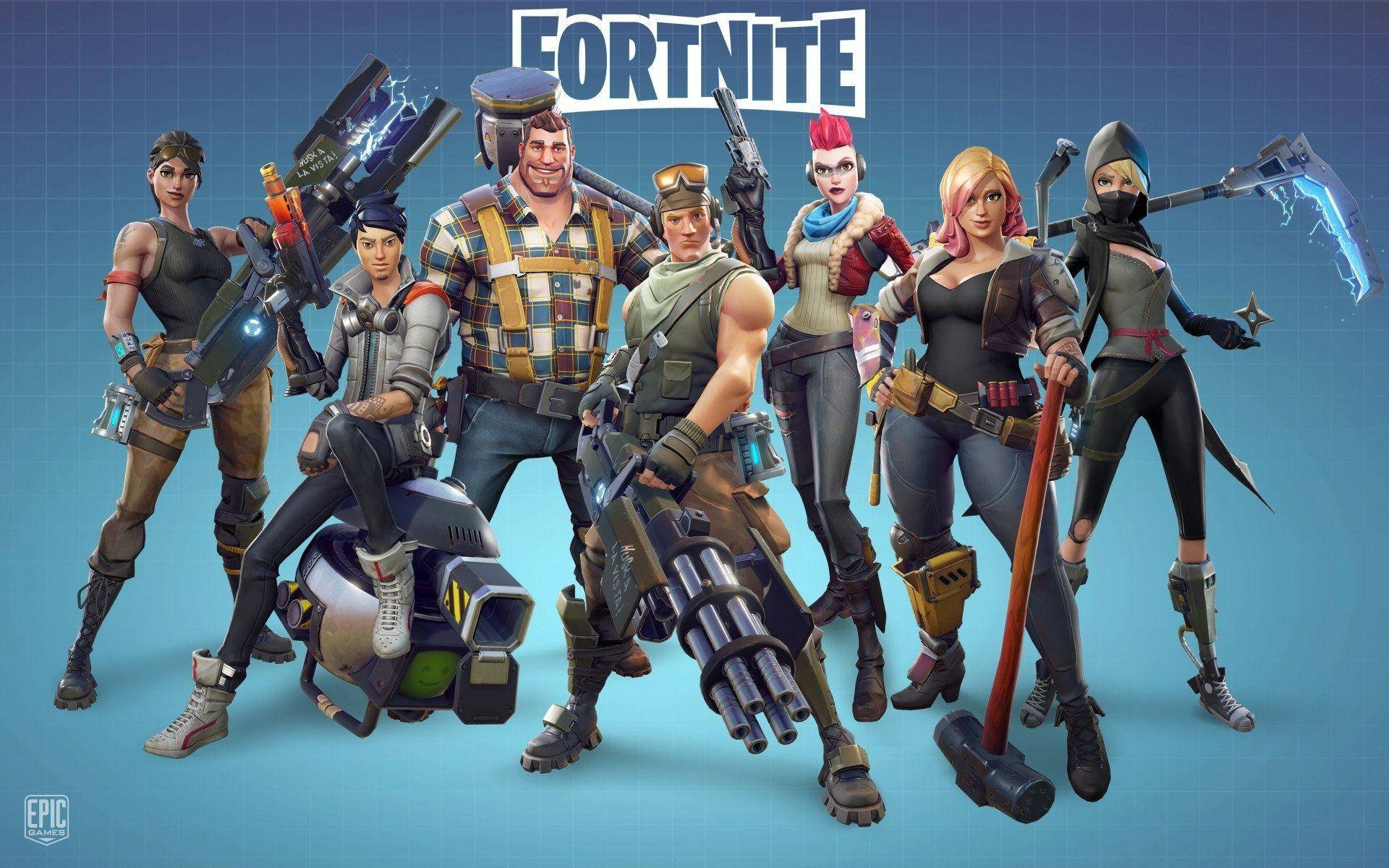 Fortnite 桌布 壁紙 — 七個《要塞英雄》角色身穿戰鬥裝備，手持武器，在藍色網格背景前擺姿勢。