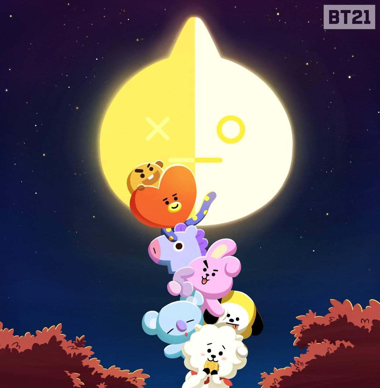 BT21 桌布 壁紙 — 七個BT21卡通角色在繁星點點的夜空下，頑皮地堆疊在發光的半月前。