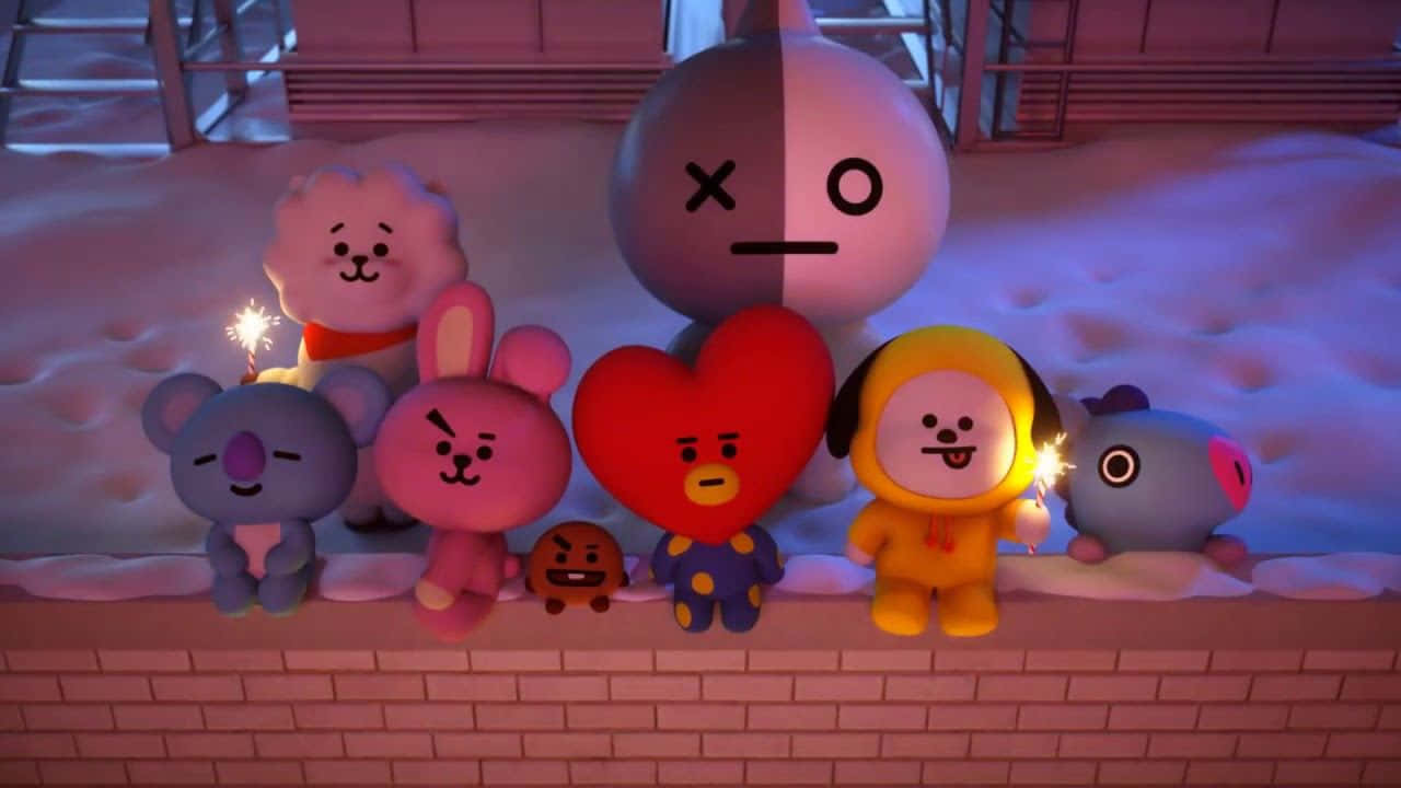 Bt21 4K 桌布 壁紙 — 七個BT21卡通角色坐在積雪的壁架上，在暮色天空下手持煙火棒。