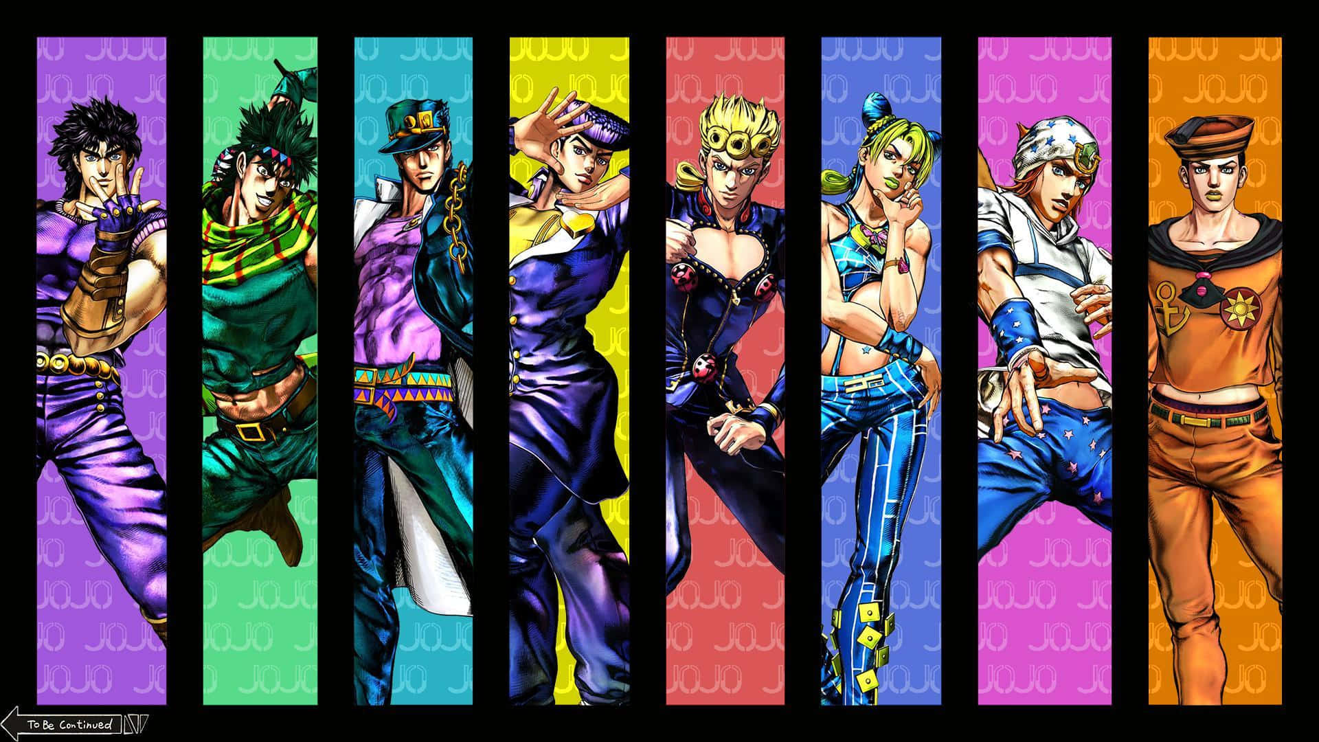 Jojo 桌布 壁紙 — 七個JoJo角色站在充滿活力的垂直面板中，每個都有獨特的彩色背景和動態姿勢。