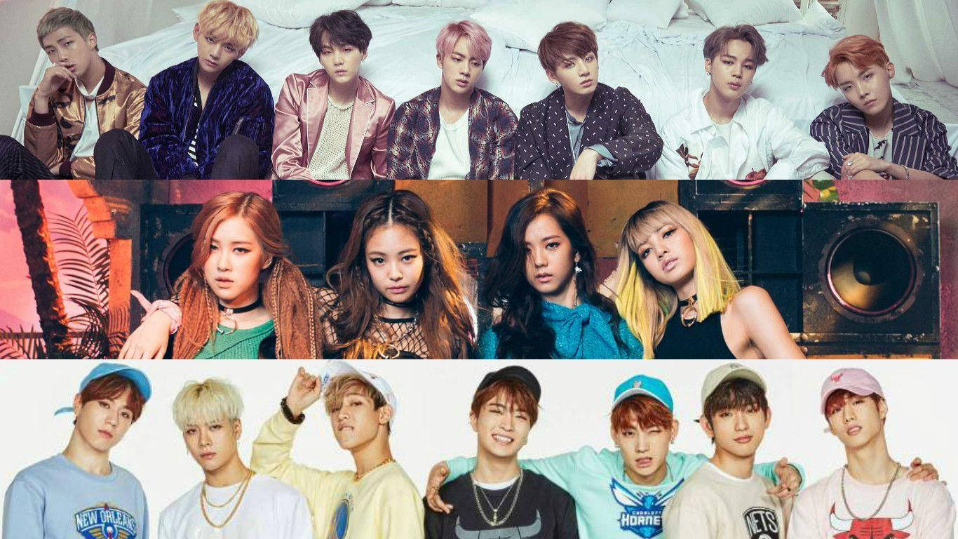 BTS 和 BLACKPINK 桌布 壁紙 — 七個K-pop團體穿著鮮豔服裝，排成三行，背景多樣，包括床、揚聲器和素牆。