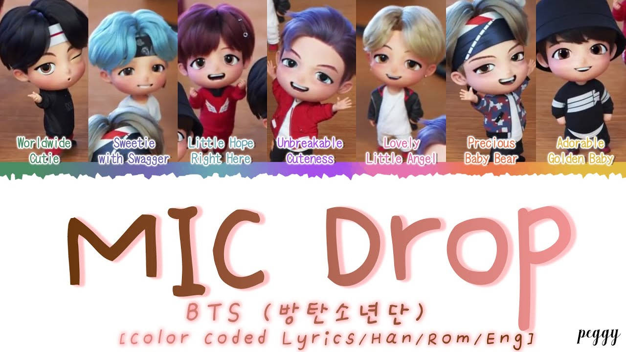 mic drop 桌布 壁紙 — 七個Q版BTS成員，擁有色彩繽紛的頭髮和表情豐富的臉龐，排成一排，上方是帶有彩虹文字點綴的標題MIC Drop。