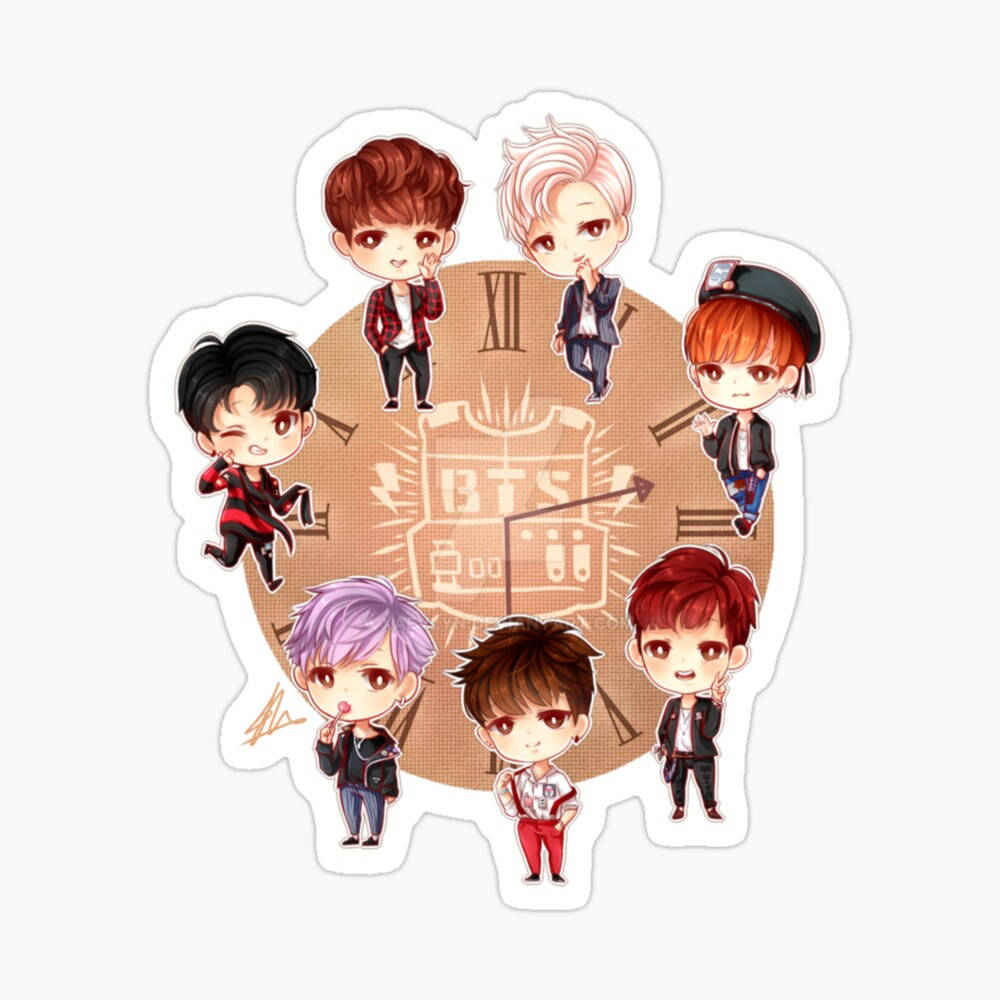 Bts Chibi 桌布 壁紙 — 七個Q版BTS成員圍繞一個帶有羅馬數字和團體標誌的時鐘面，形成圓形貼紙設計。
