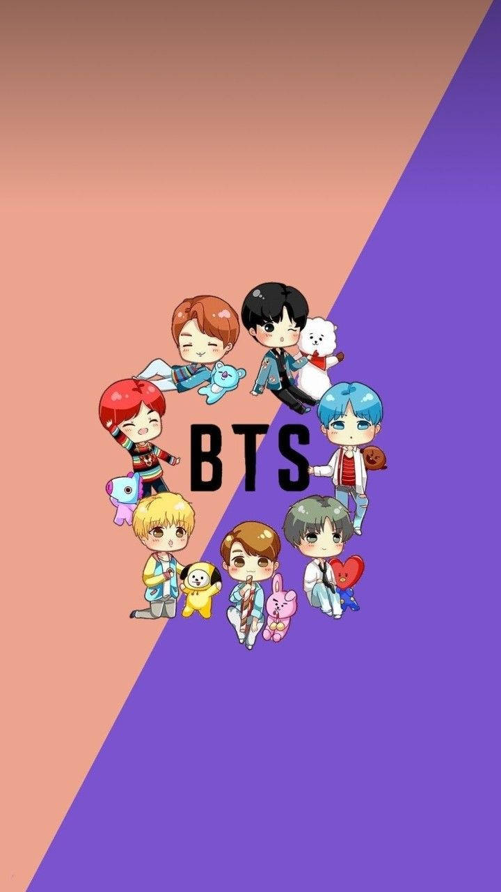 七個Q版BTS成員與寵物圍繞BTS標誌在粉紅色和紫色的分割背景上。 — BTS 卡通 GIF 壁紙
