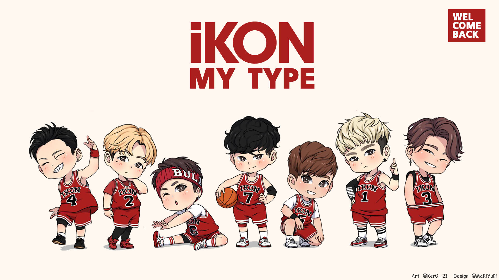 Ikon 桌布 壁紙 — 七個Q版K-pop偶像穿著紅色籃球服，在純米色背景上以粗體紅色文字愉快地擺姿勢。