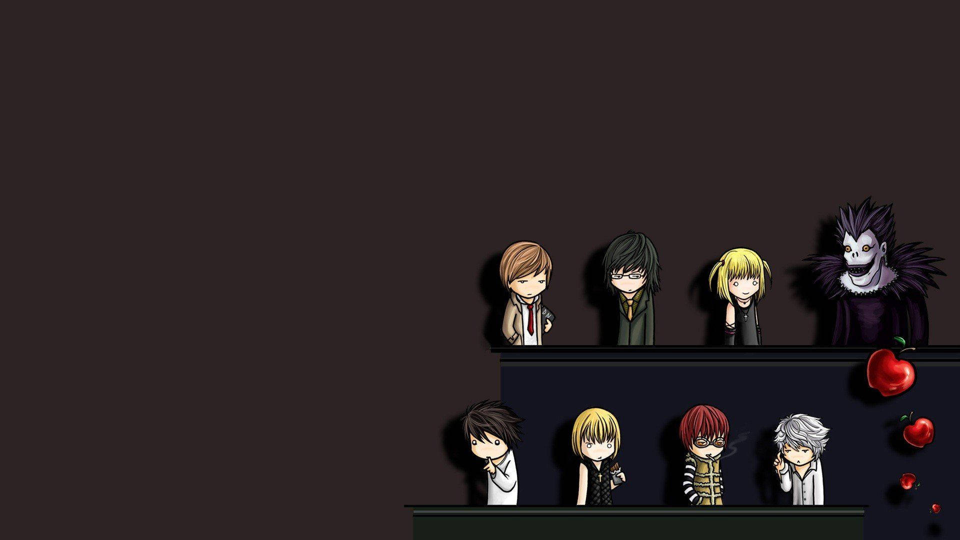 Death Note Aesthetic 桌布 壁紙 — 七個Q版動漫角色站在分層平台上，背景為深色，有漂浮的紅蘋果。