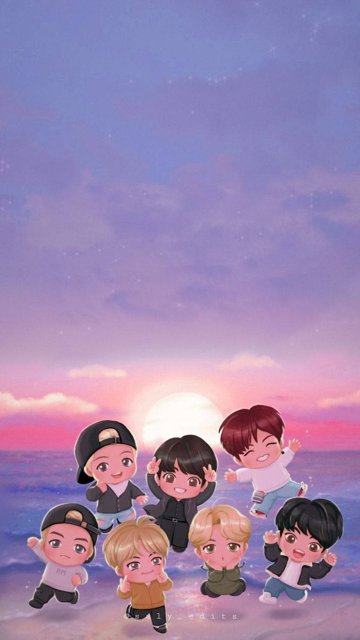 七個開心的Q版動畫男孩站在夕陽下的沙灘上。 — BTS 卡通 GIF 壁紙