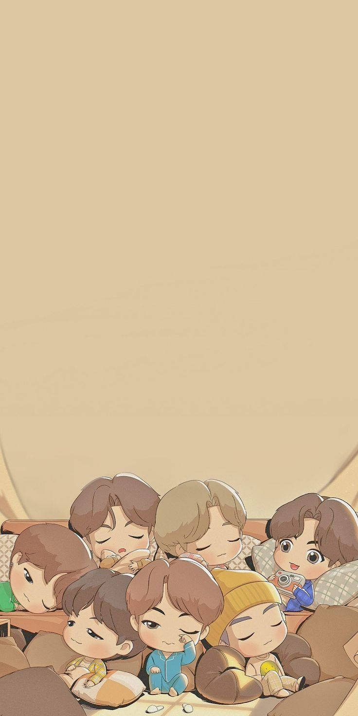 七個Q版動畫男孩在舒適的米色房間的沙發上依偎在一起。 — BTS 卡通 GIF 壁紙