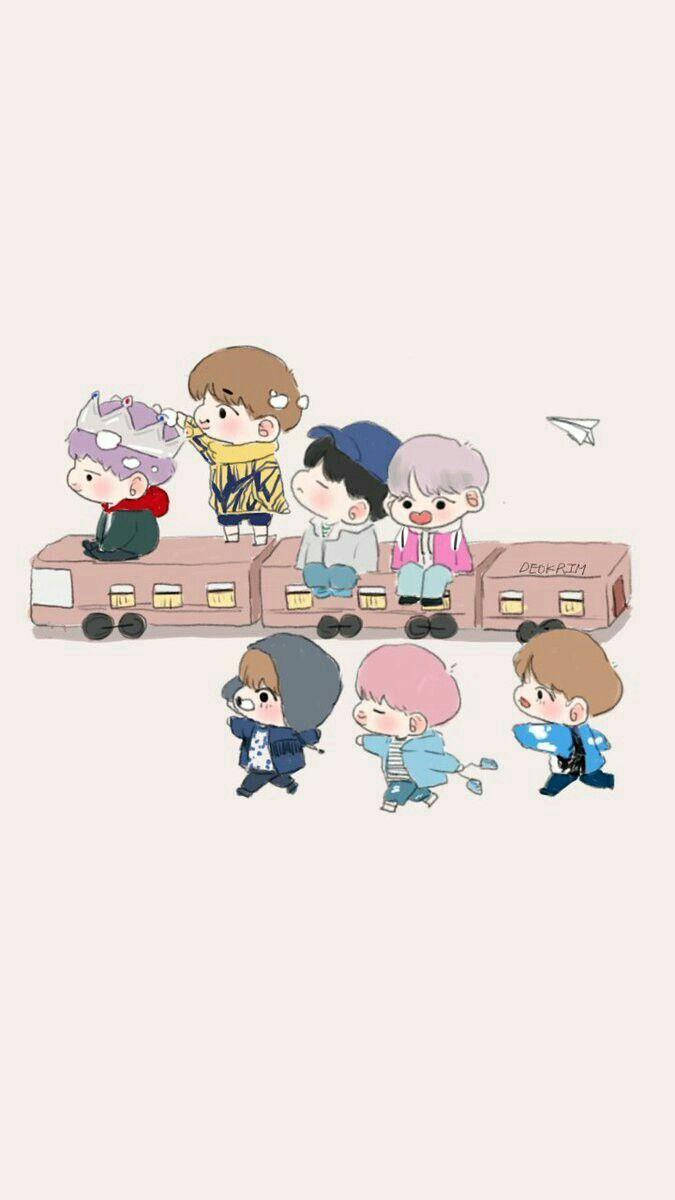 bts group cute 桌布 壁紙 — 七個Q版卡通男孩在純色背景上騎乘和奔跑在一輛粉紅色火車旁。