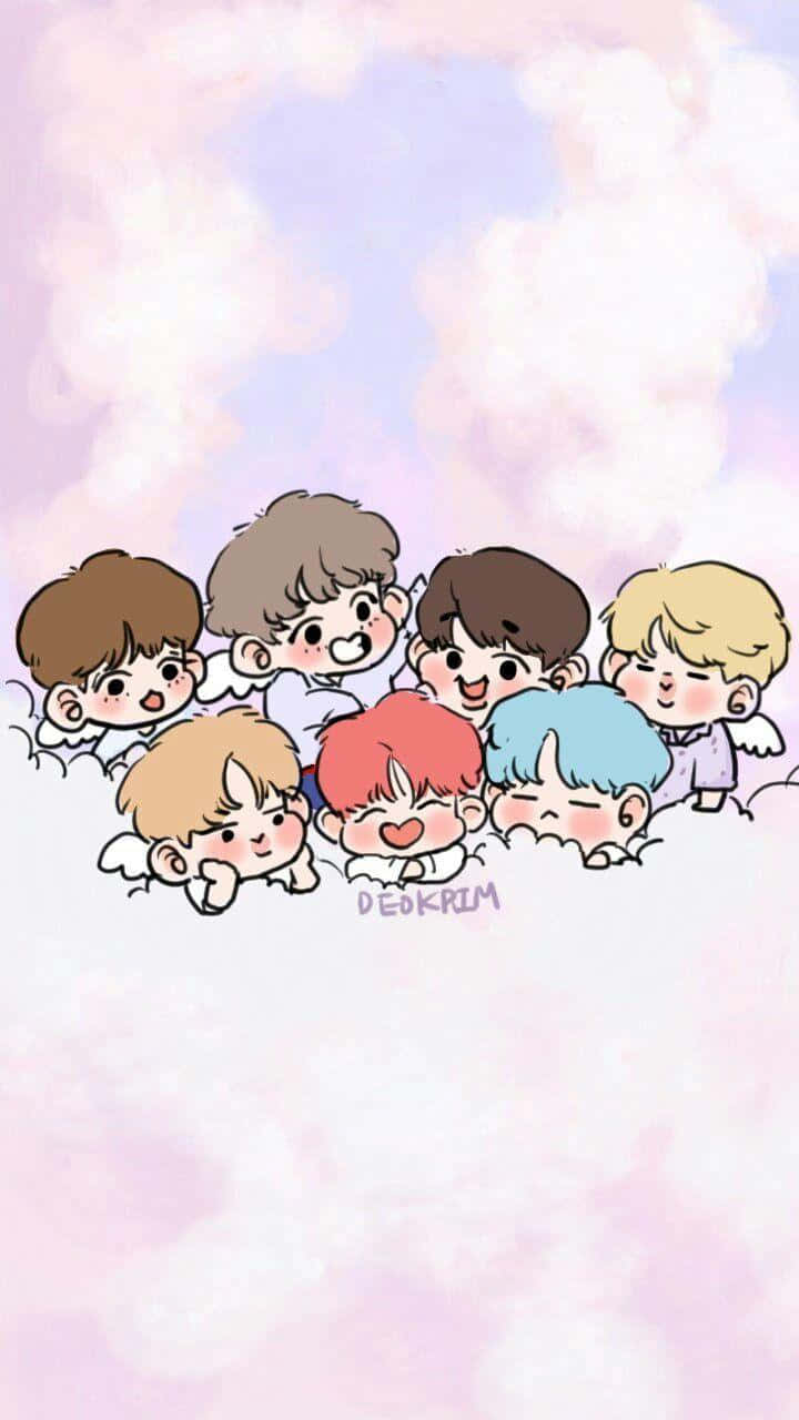 Bts Fanart 桌布 壁紙 — 七個Q版男孩，擁有色彩繽紛的頭髮和天使翅膀，從 fluffy 粉紅雲朵中探出頭來，背景是柔和粉彩天空。