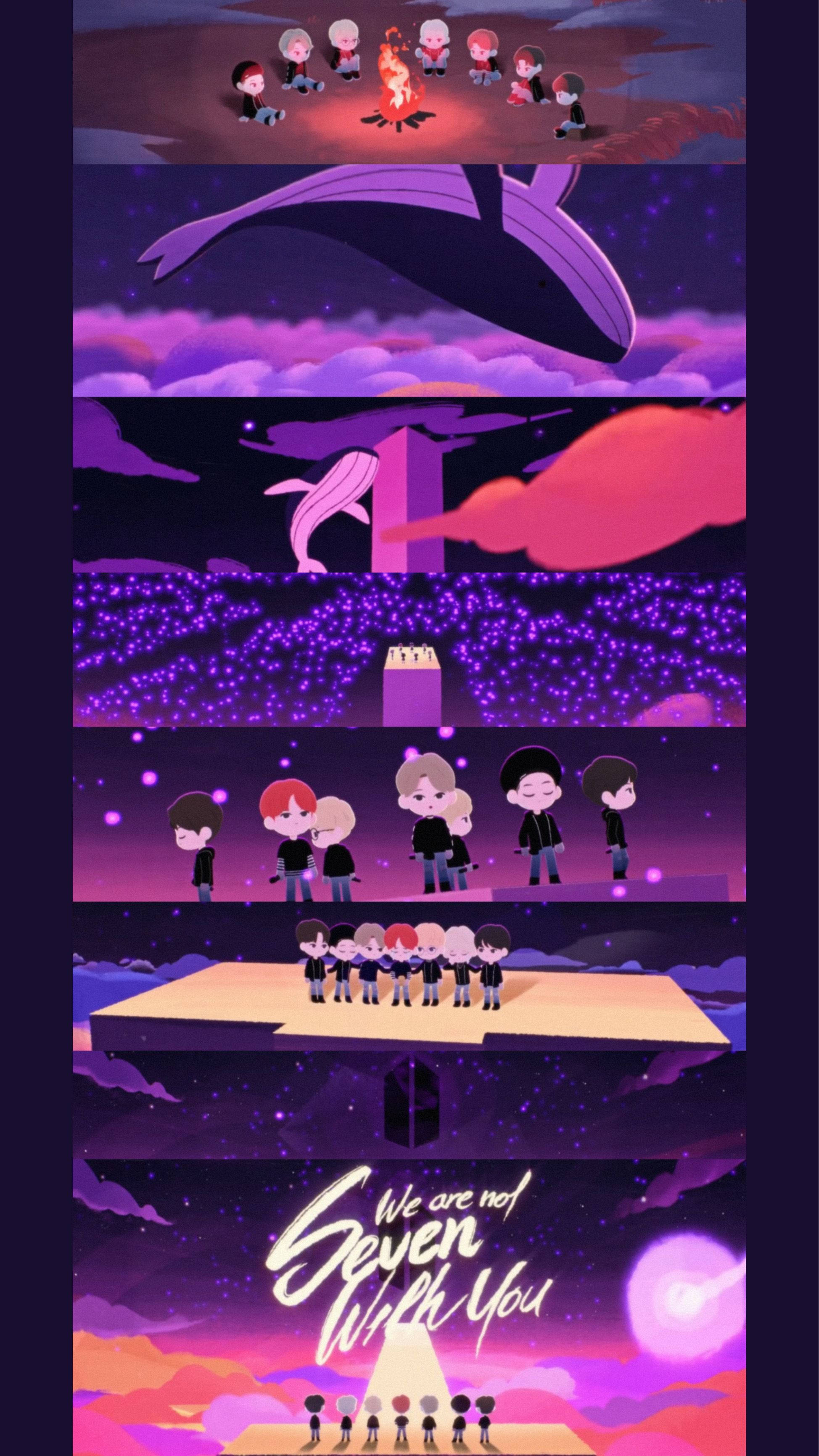 BTS 桌布 壁紙 — 七個Q版角色聚集在一個鯨魚形狀的天空下的營火周圍，站在漂浮平台上，周圍是宇宙紫色的雲和星星。