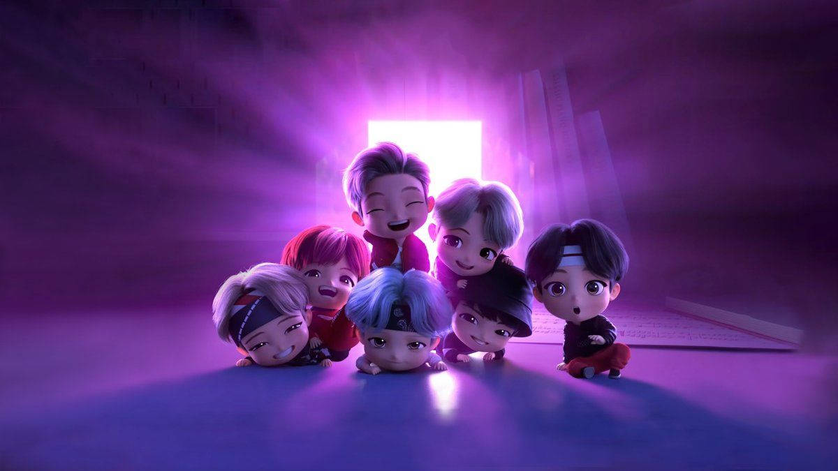 BTS 筆電 桌布 壁紙 — 七個Q版風格動畫偶像聚集在一個紫色燈光的房間裡，微笑著看向身後發光的門口。