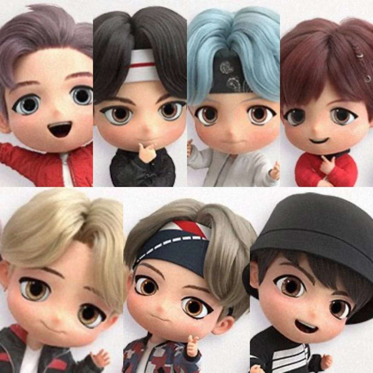 BTS 桌布 壁紙 — 七個Q版風格動畫角色，擁有色彩繽紛的頭髮和富有表情的眼睛，在純白色背景前擺姿勢。