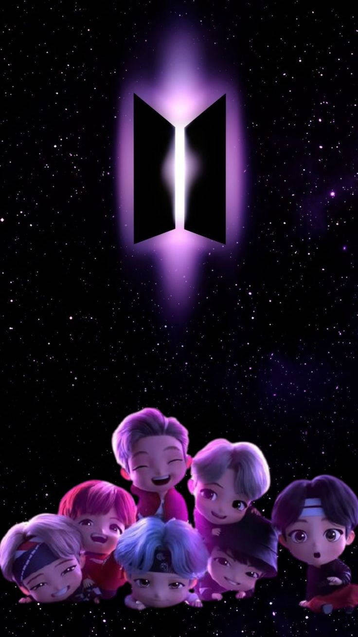 Tinytan 桌布 壁紙 — 七個Q版風格的BTS成員仰望漂浮在星空中的發光紫色標誌。