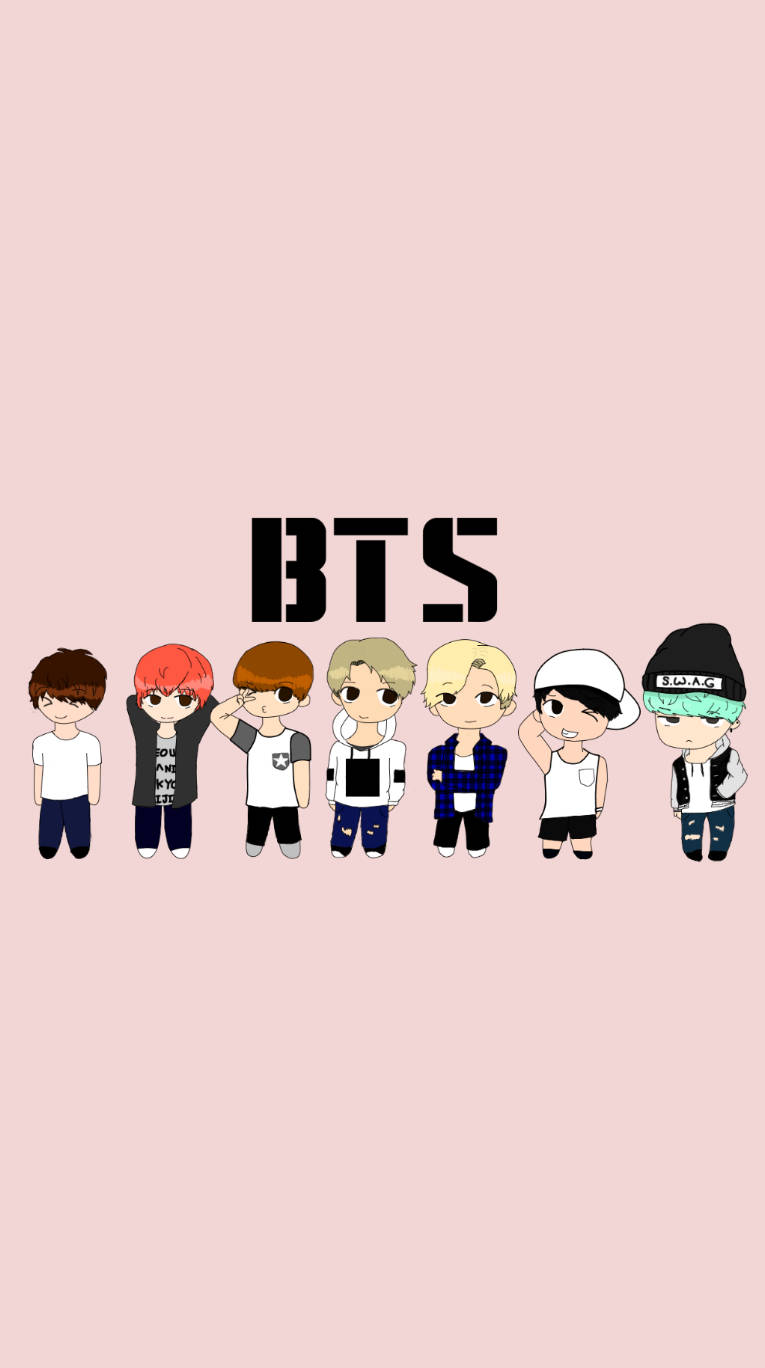 七個Q版BTS成員穿著休閒服裝在粉紅色背景上，帶有「BTS」文字。