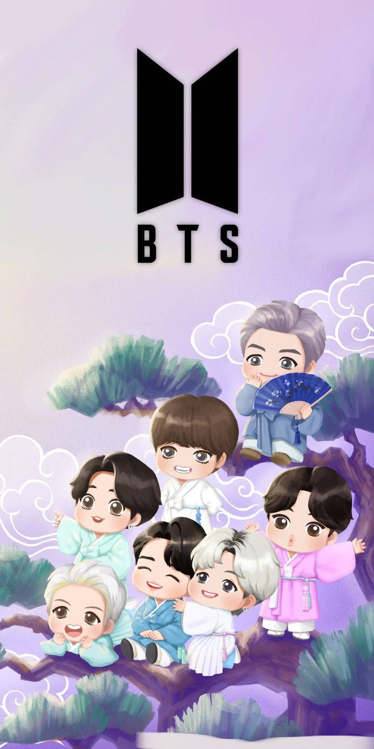 七個Q版BTS成員穿著韓服在樹枝上，紫色天空和雲朵。 — BTS標誌 壁紙